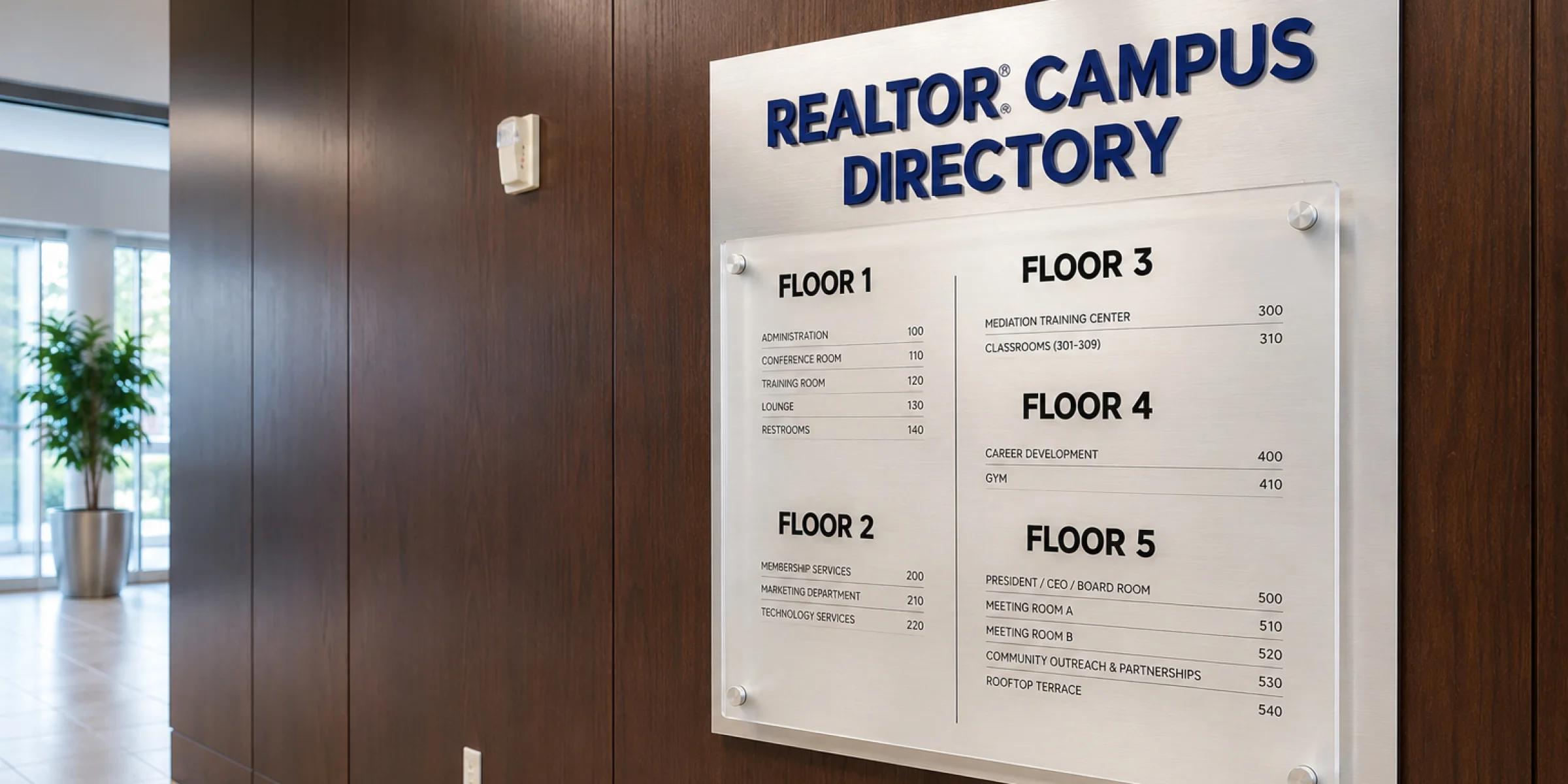 Wall-mounted building directory sign listing businesses and office locations in a commercial lobby.