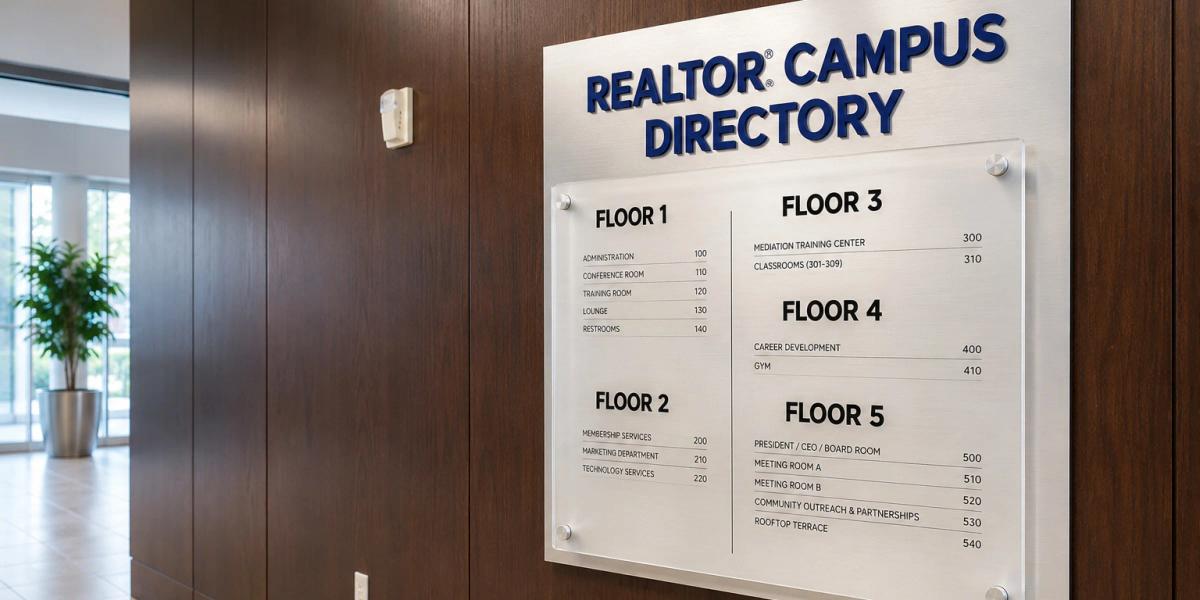 Wall-mounted acrylic building directory sign with printed tenant listings and dimensional lettering in a modern office lobby.