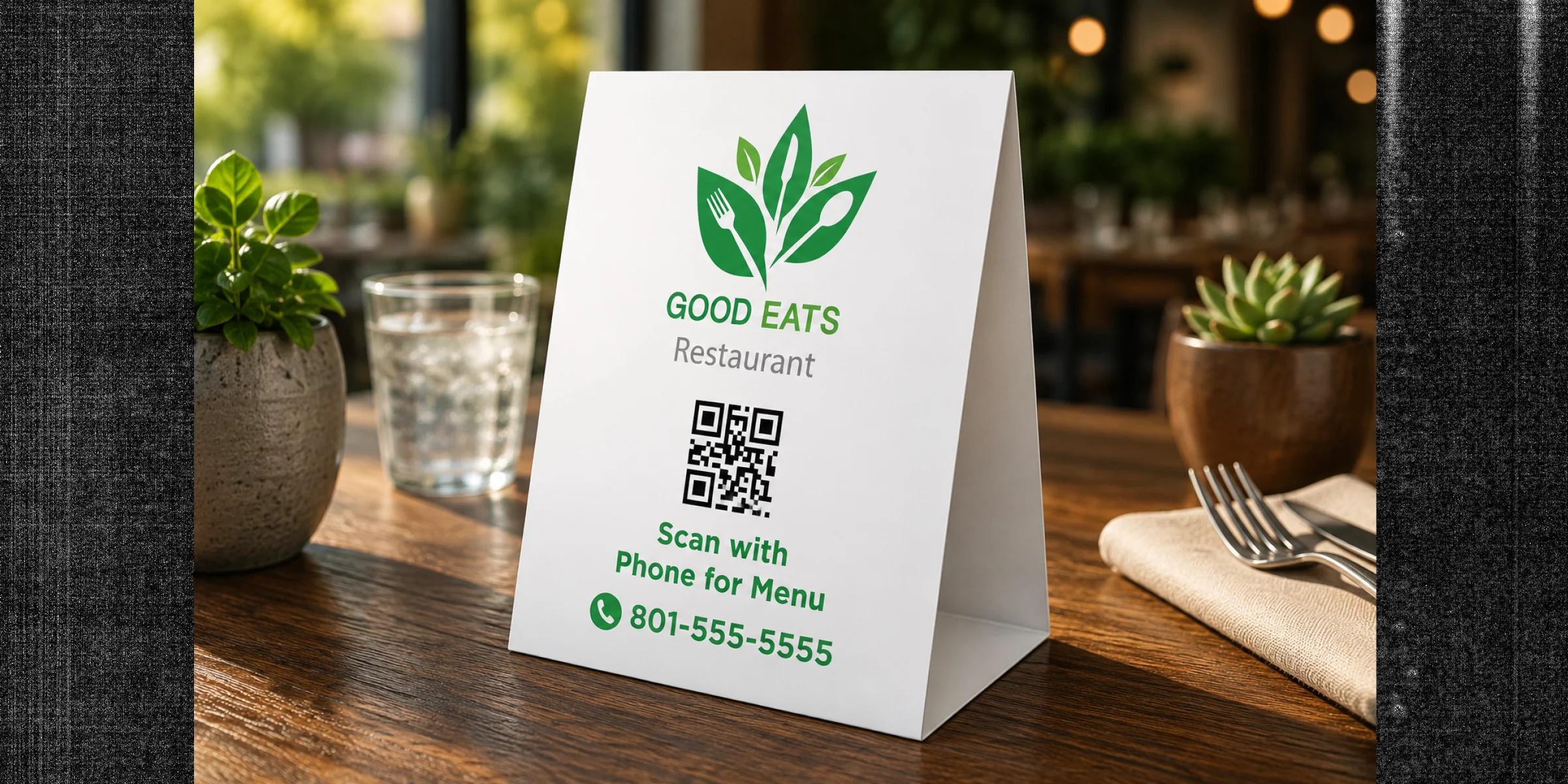 Custom printed table tent with QR code, branding, and promotional information displayed on a restaurant table.