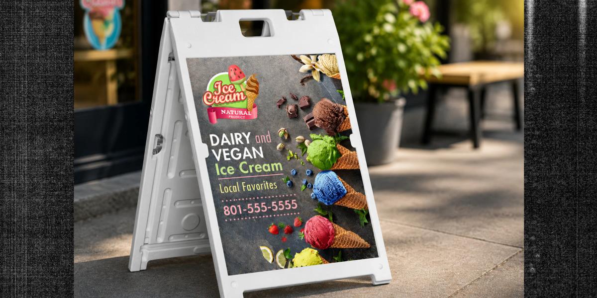 Custom A-frame sidewalk sign displayed outside a storefront with a full-color promotional graphic for a local ice cream business.