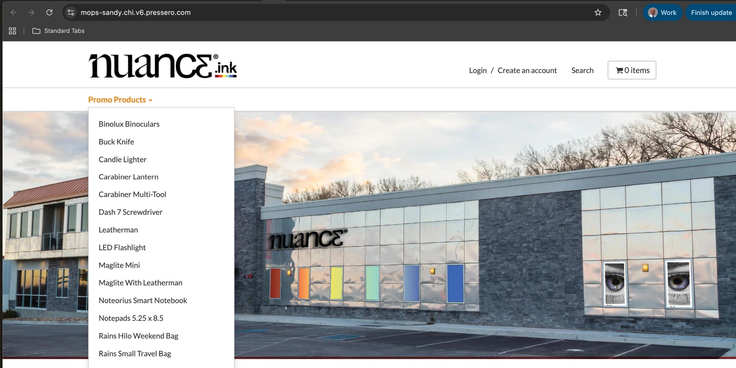 Nuance Ink Print Portal storefront showing customizable branded products, online ordering, and a commercial printing facility.