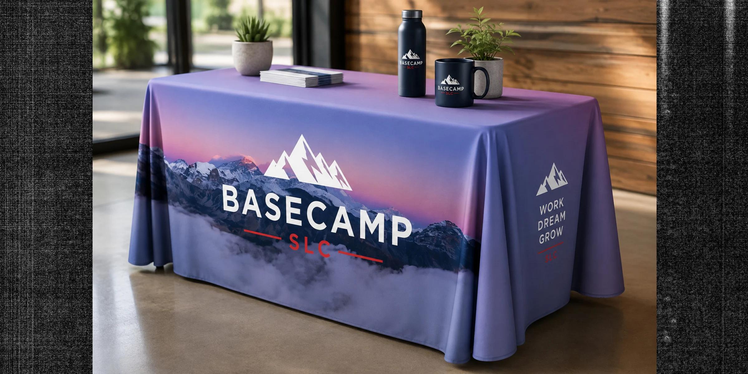 Branded table throw covering a display table with vibrant full-color graphics for trade shows, events, and promotions.