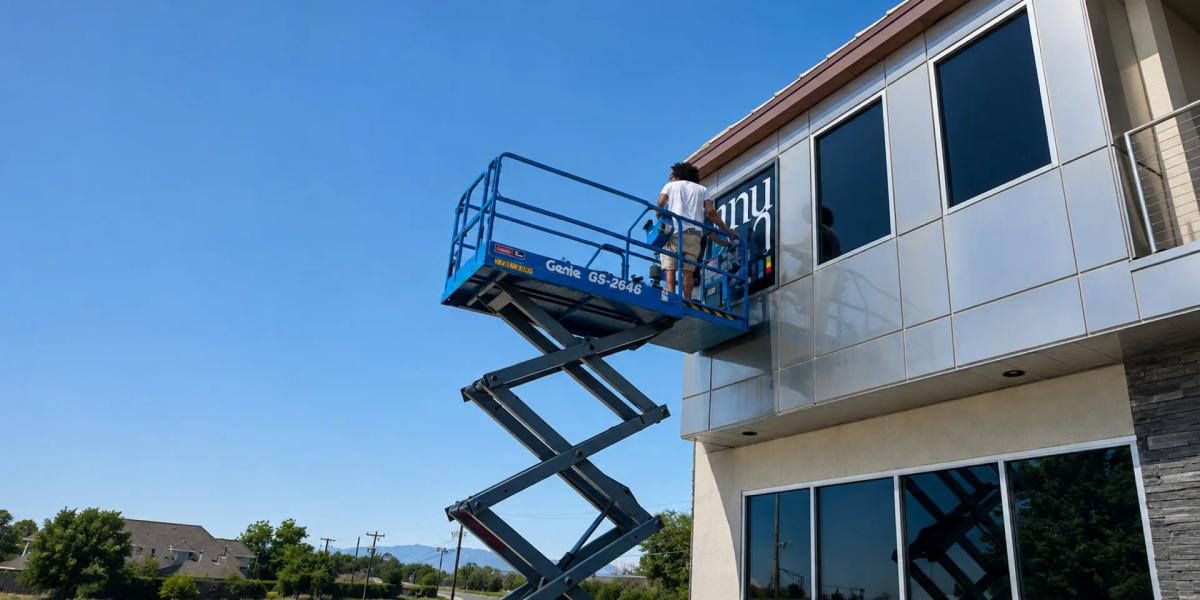 Professional installation of exterior business signs on a commercial building using specialized lift equipment.