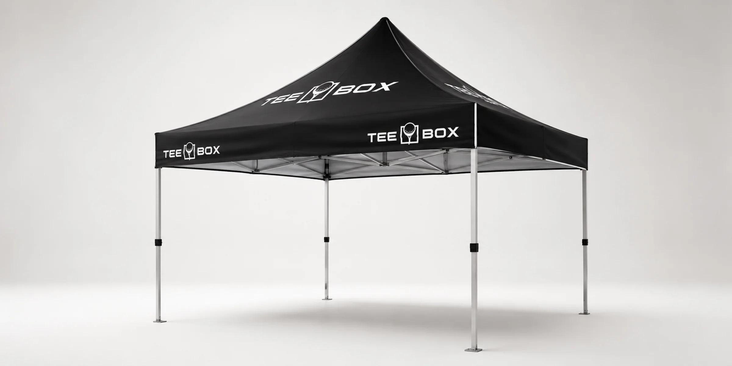 Custom branded pop-up canopy tent providing shade and high-visibility branding for outdoor events, festivals, and promotional displays.