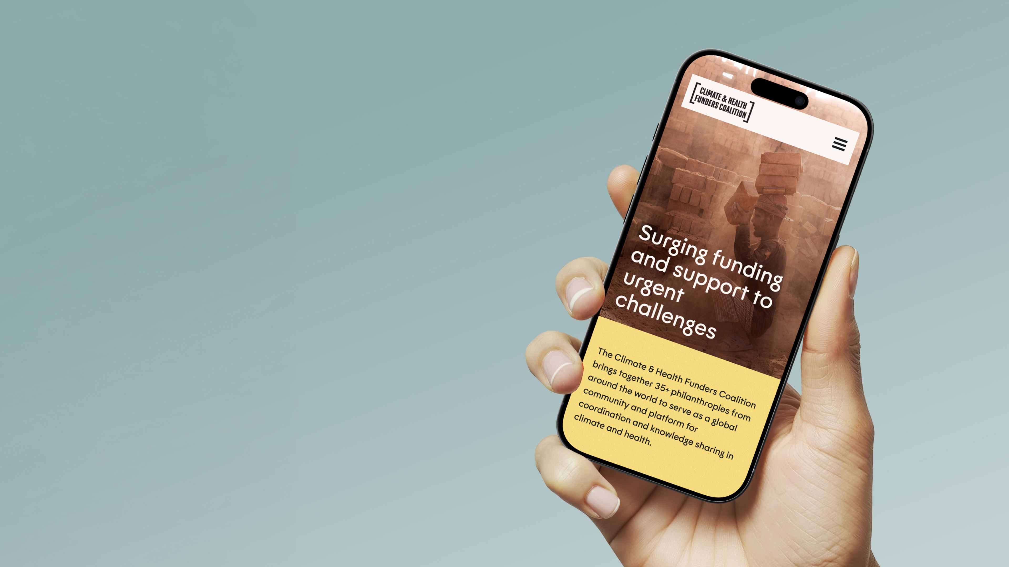 Climate & Health Funders Coalition website on a phone, headlined "Surging funding and support to urgent challenges"