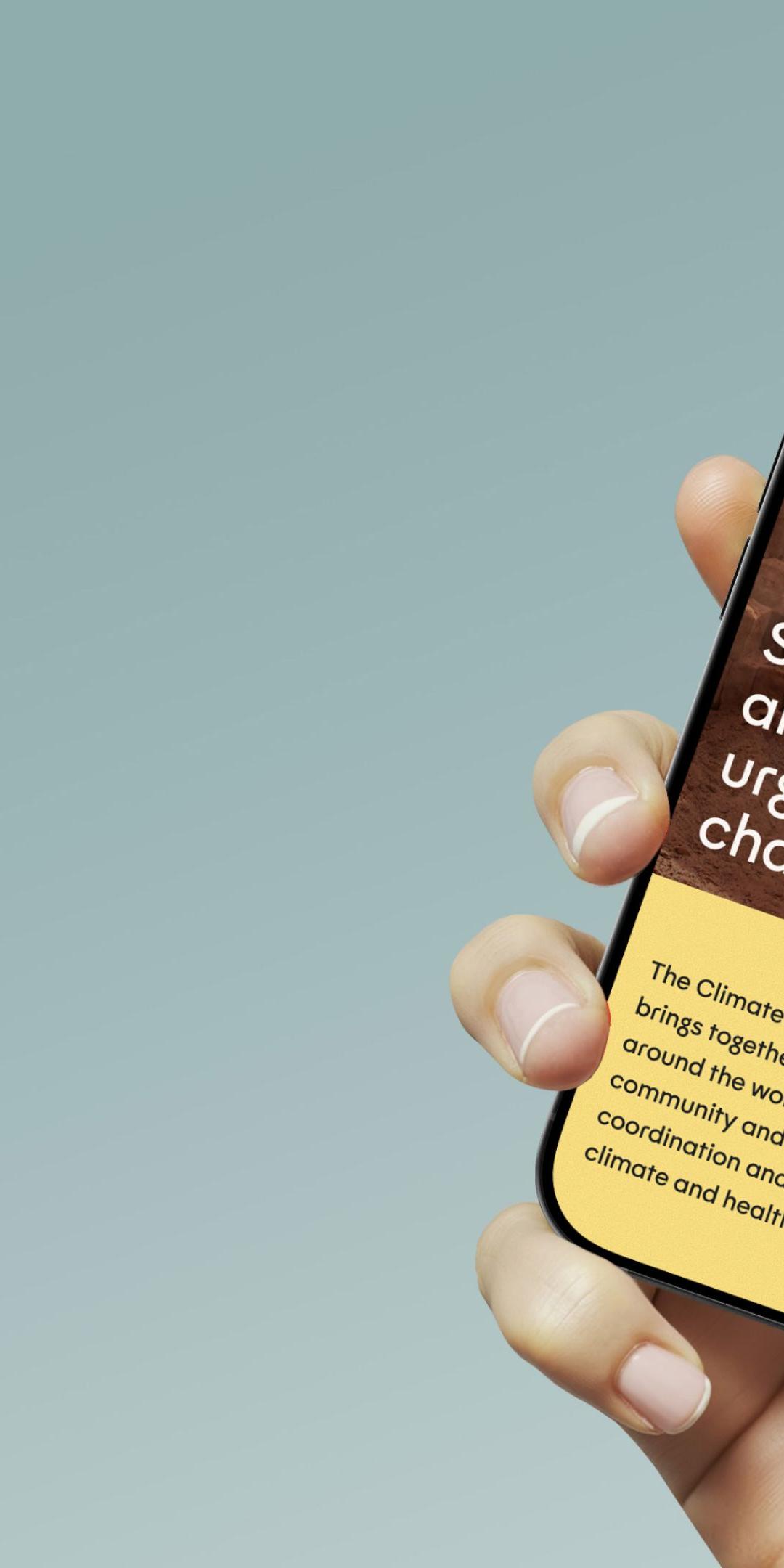 Climate & Health Funders Coalition website on a phone, headlined "Surging funding and support to urgent challenges"