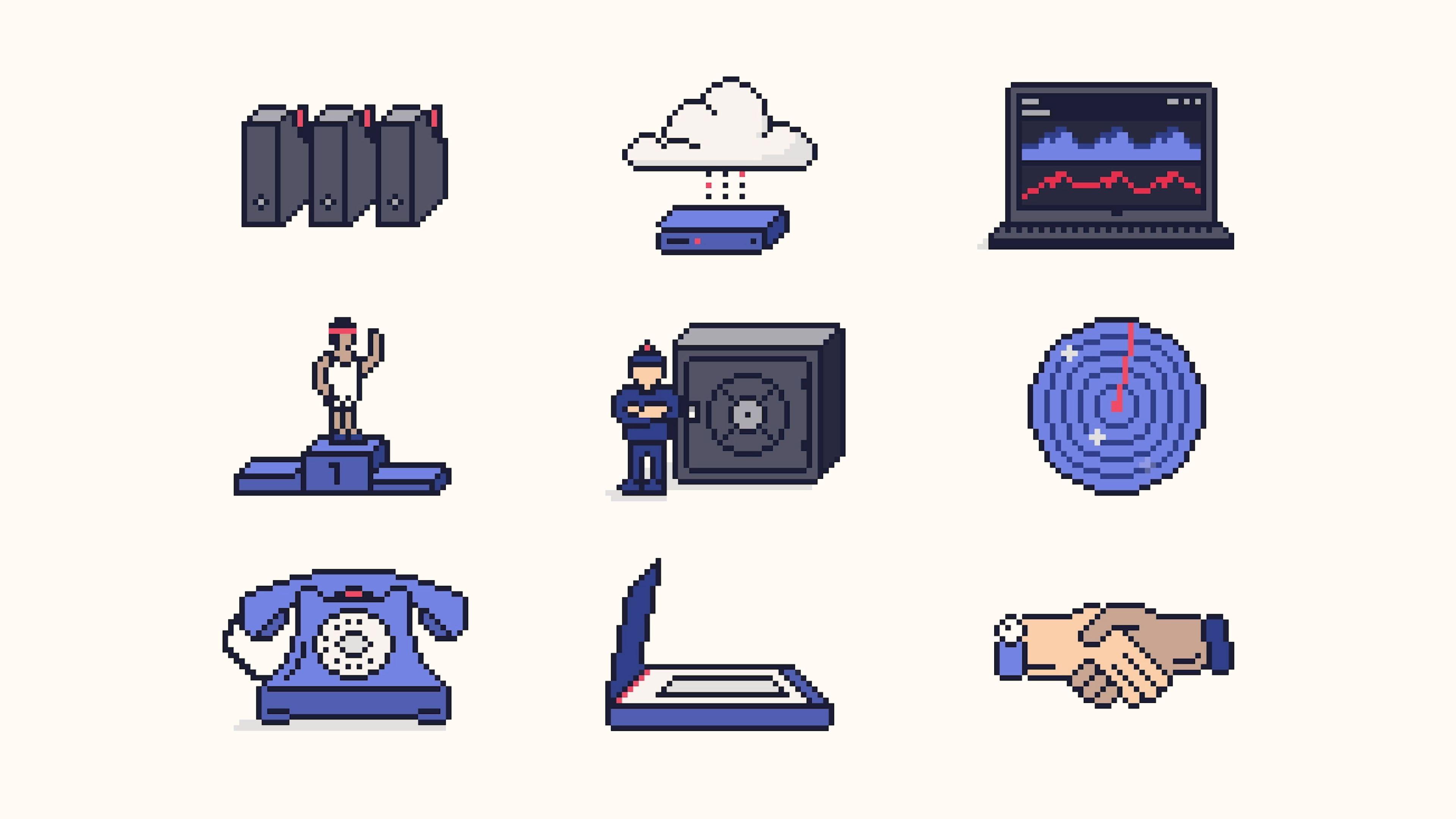 Nine Prostack pixel-art icons, including servers, a cloud, a guard beside a safe, a radar and a handshake