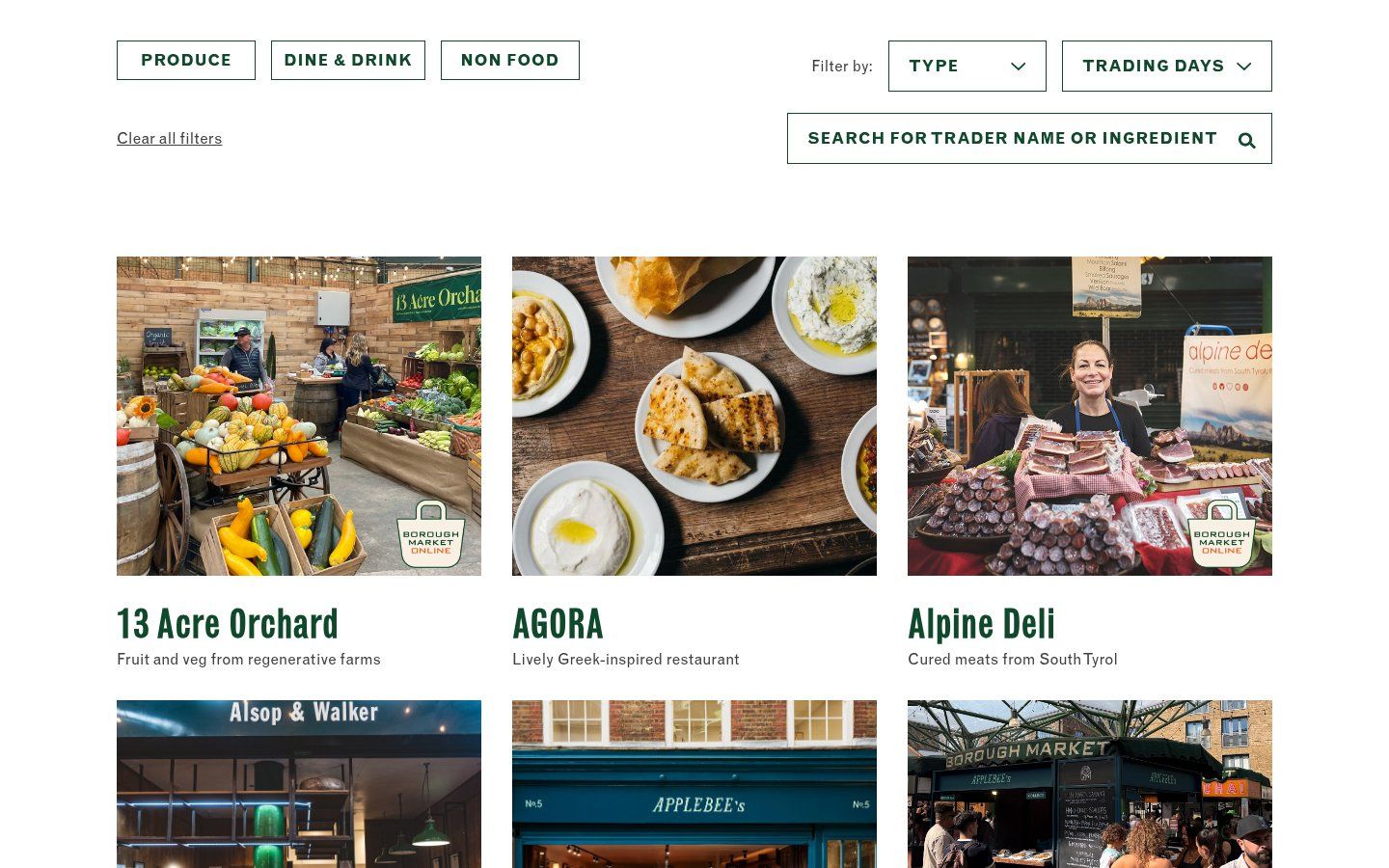 The trader directory, with Produce, Dine & Drink and Non food tabs, type and trading day filters, and a search for trader name or ingredient