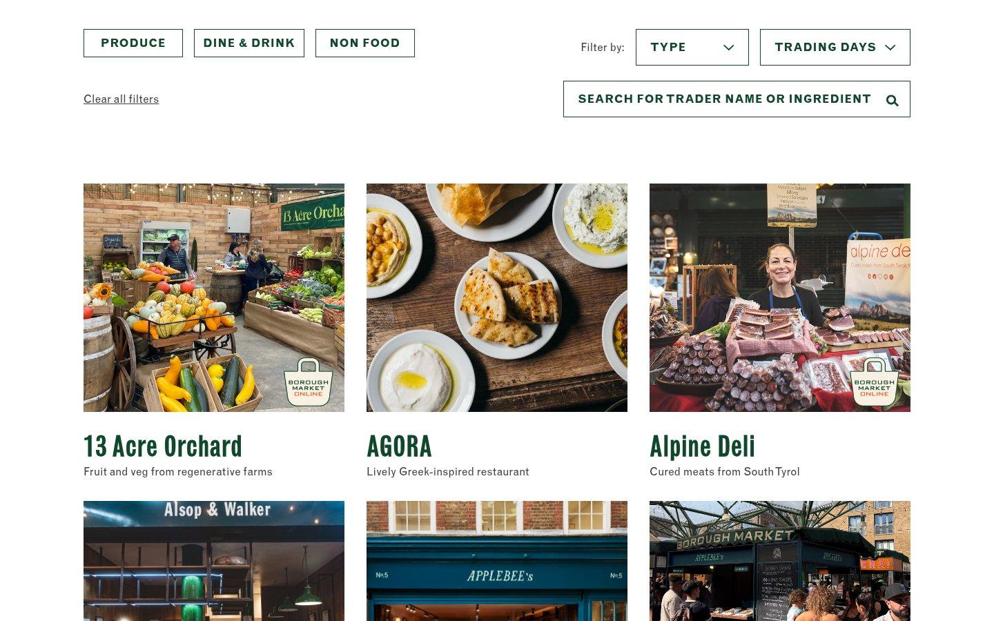 The trader directory, with Produce, Dine & Drink and Non food tabs, type and trading day filters, and a search for trader name or ingredient