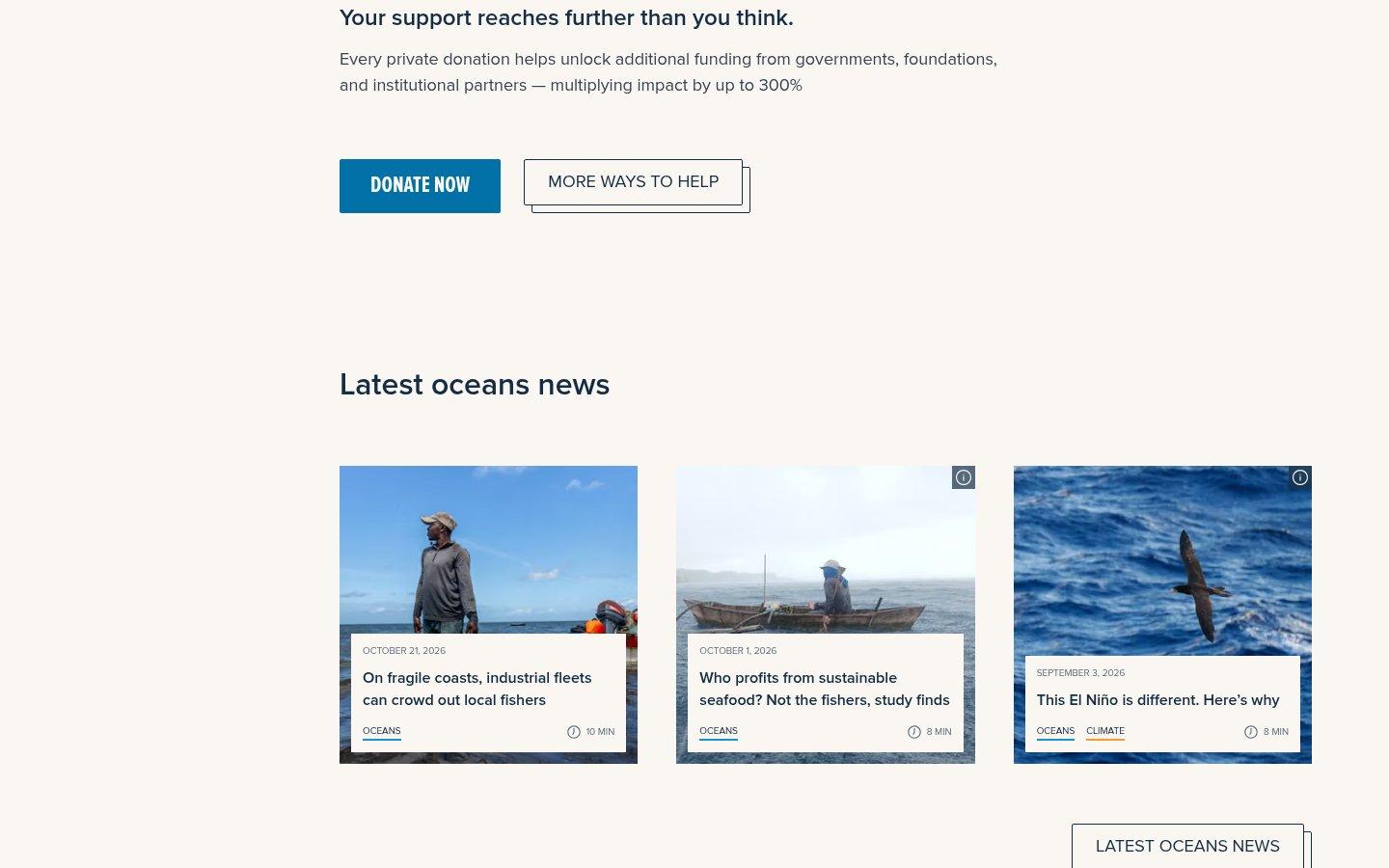 The Oceans page's latest news: three articles tagged Oceans, with a link to all oceans news