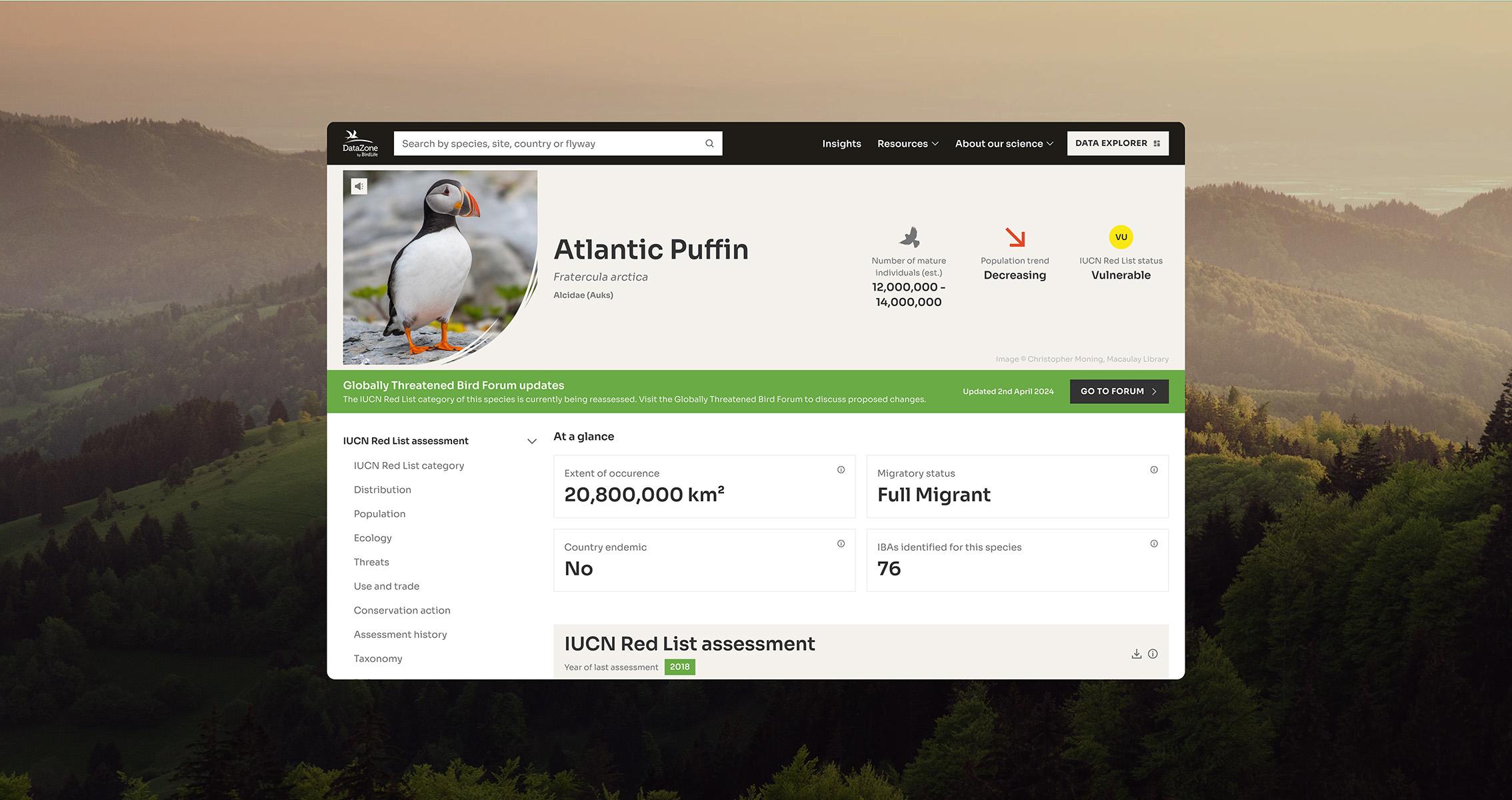 BirdLife DataZone species page for the Atlantic puffin, showing population trend, Red List status and key facts