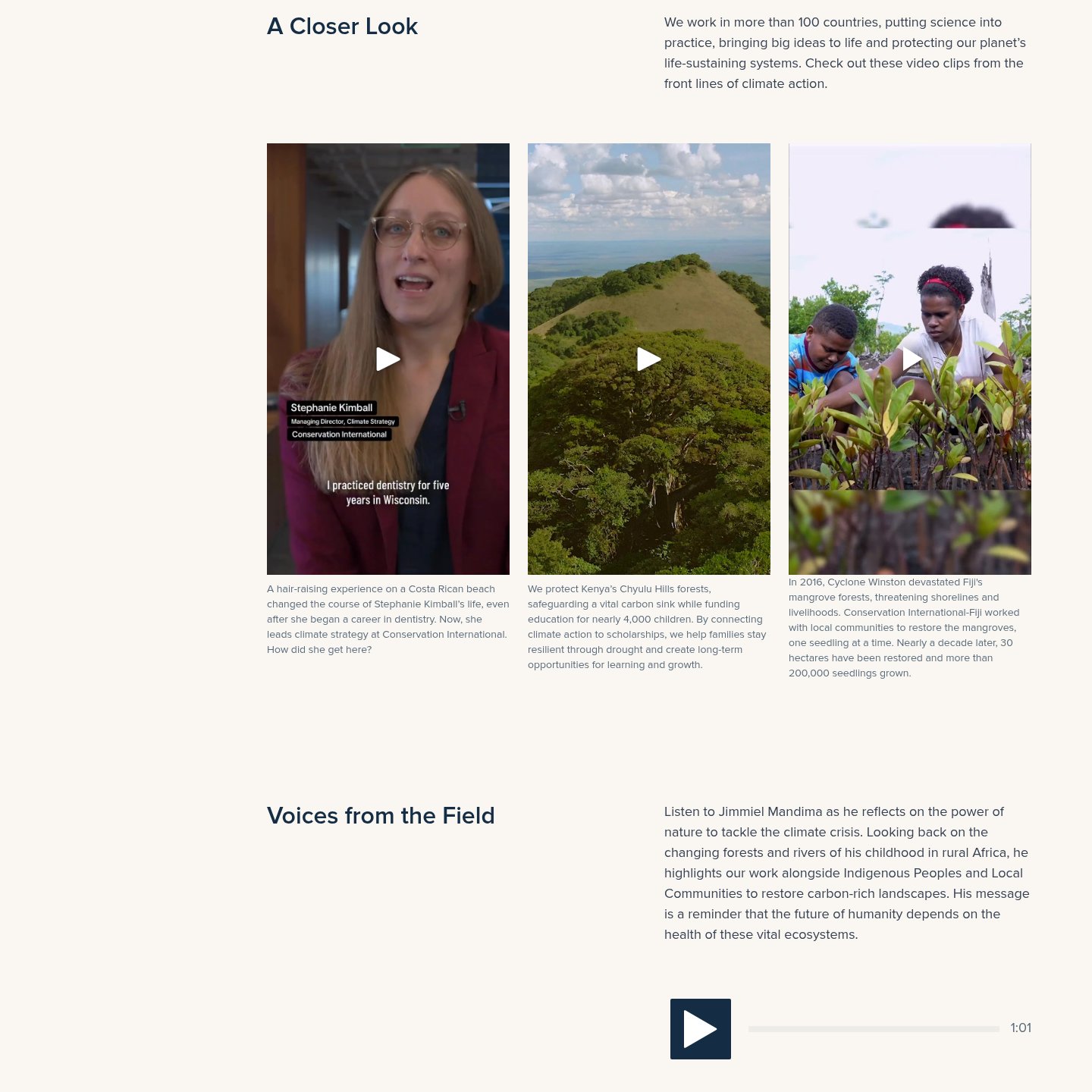 The Climate page's A Closer Look video clips from field staff, above an audio message in Voices from the Field
