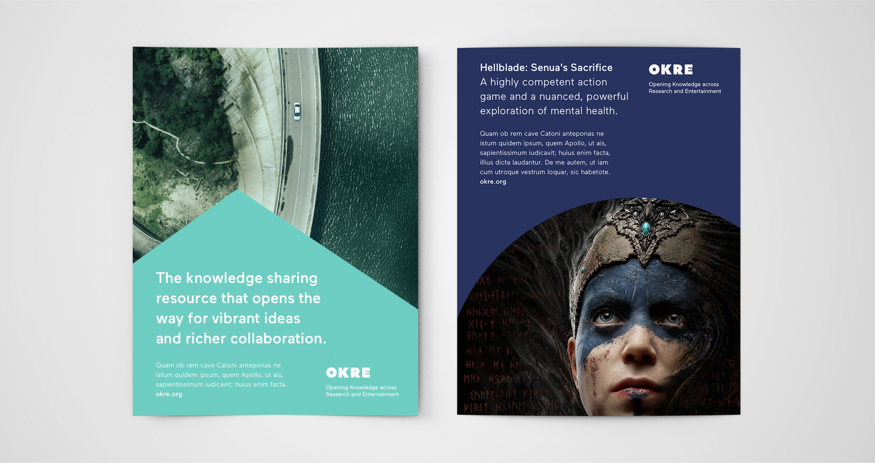 Two OKRE flyers: one on knowledge sharing over an aerial road photo, one featuring the game Hellblade: Senua's Sacrifice