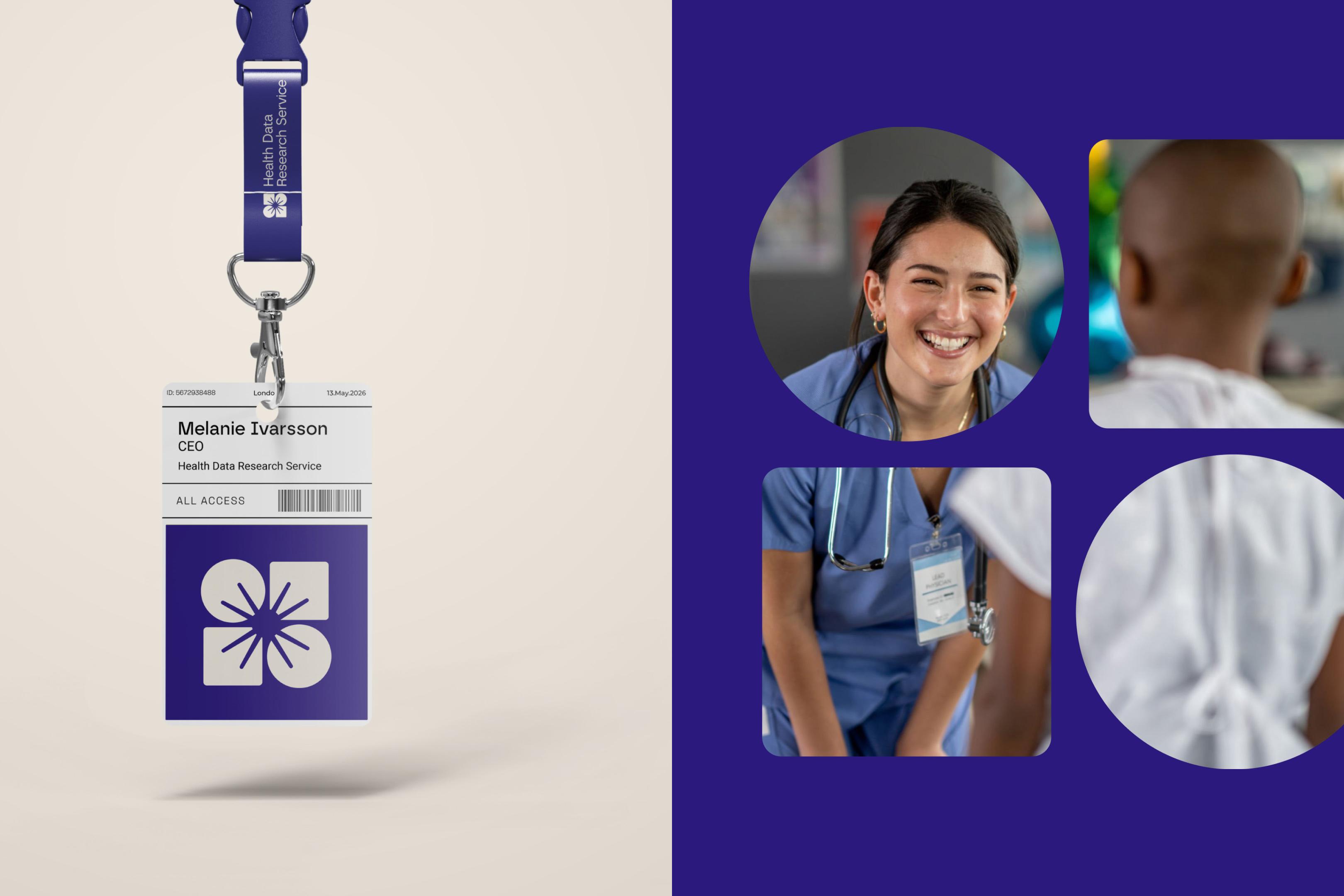 Health Data Research Service lanyard and ID badge beside photos of clinicians caring for patients in the brand's purple