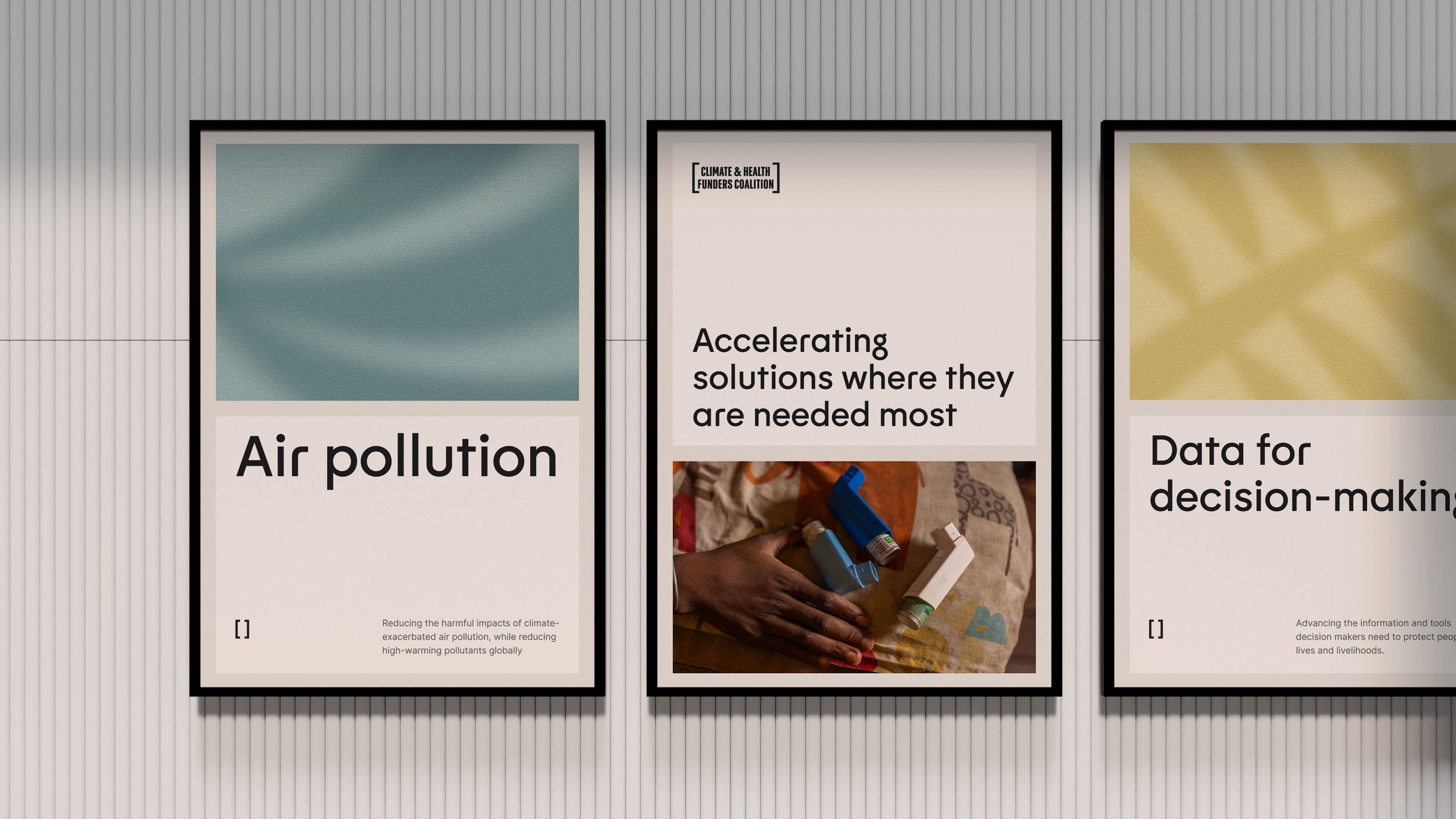 Three framed Climate & Health Funders Coalition posters on a wall, including "Air pollution" and "Data for decision-making"