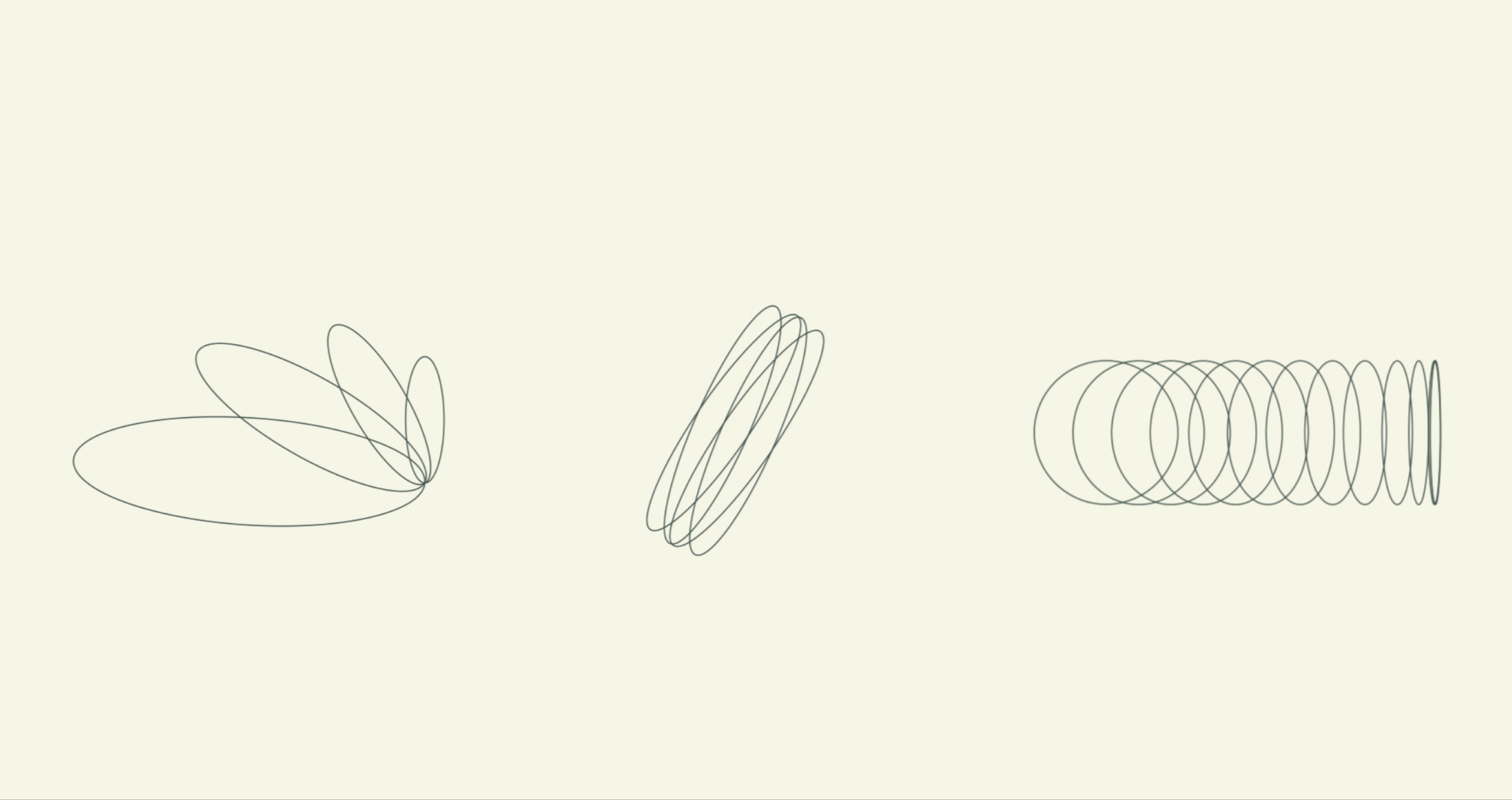 Three Protas brand graphics made of looping line ellipses: fanned out, stacked at an angle and in a row