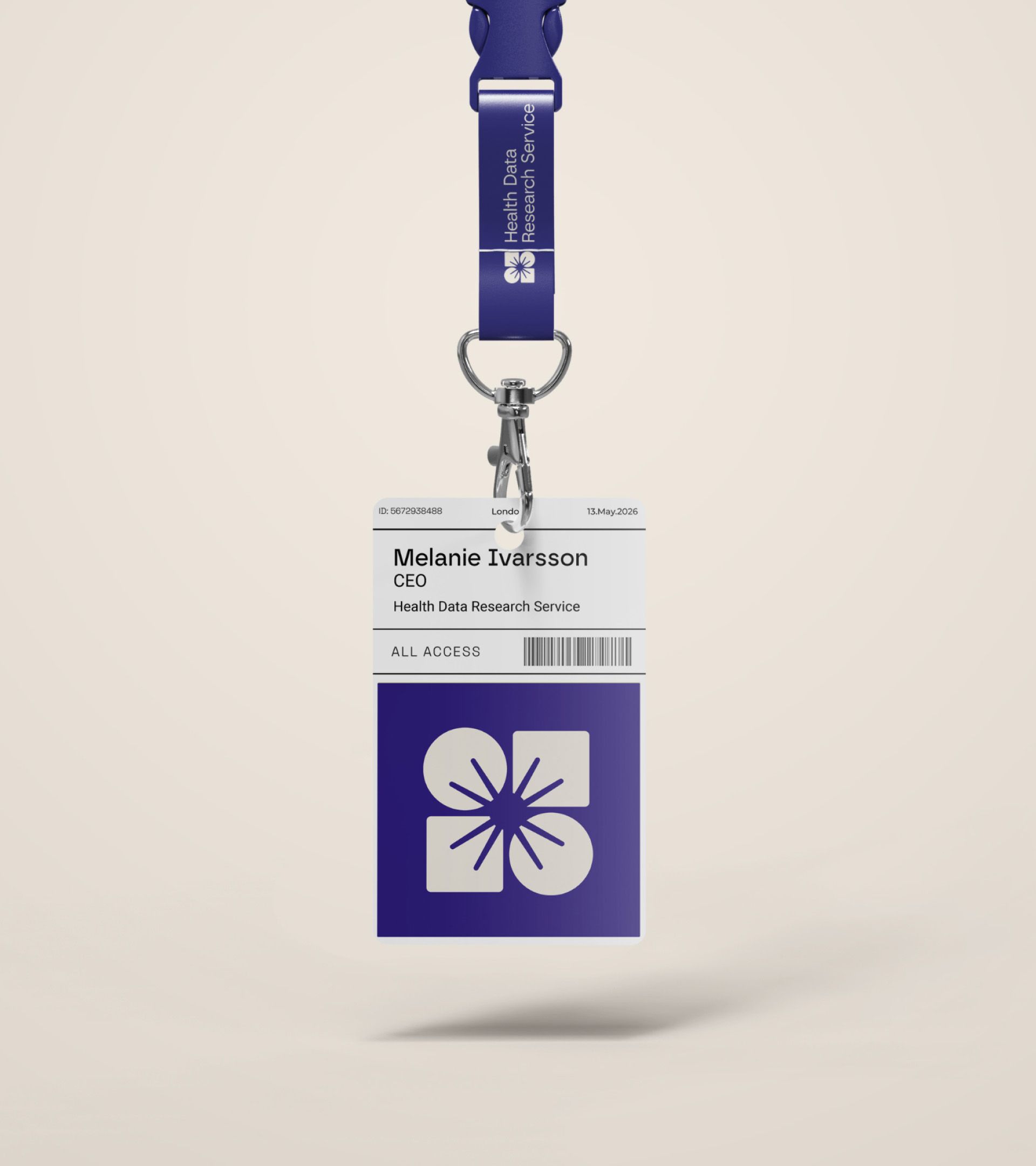 Health Data Research Service lanyard and ID badge carrying the new purple flower-like logo