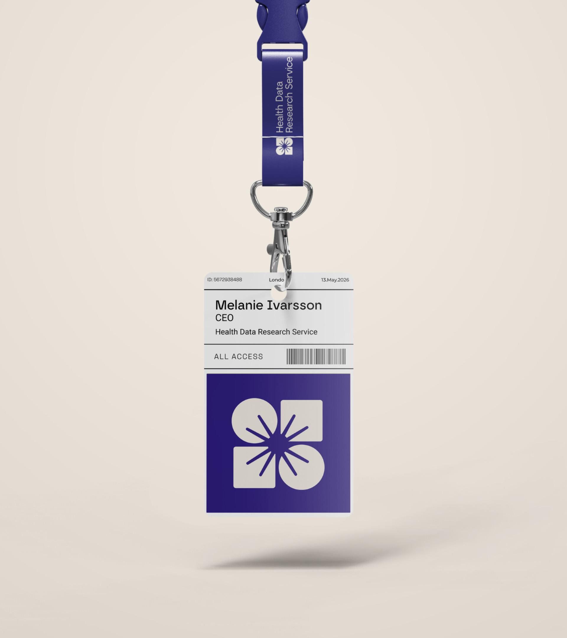 Health Data Research Service lanyard and staff pass, printed with the service's four-petal logo
