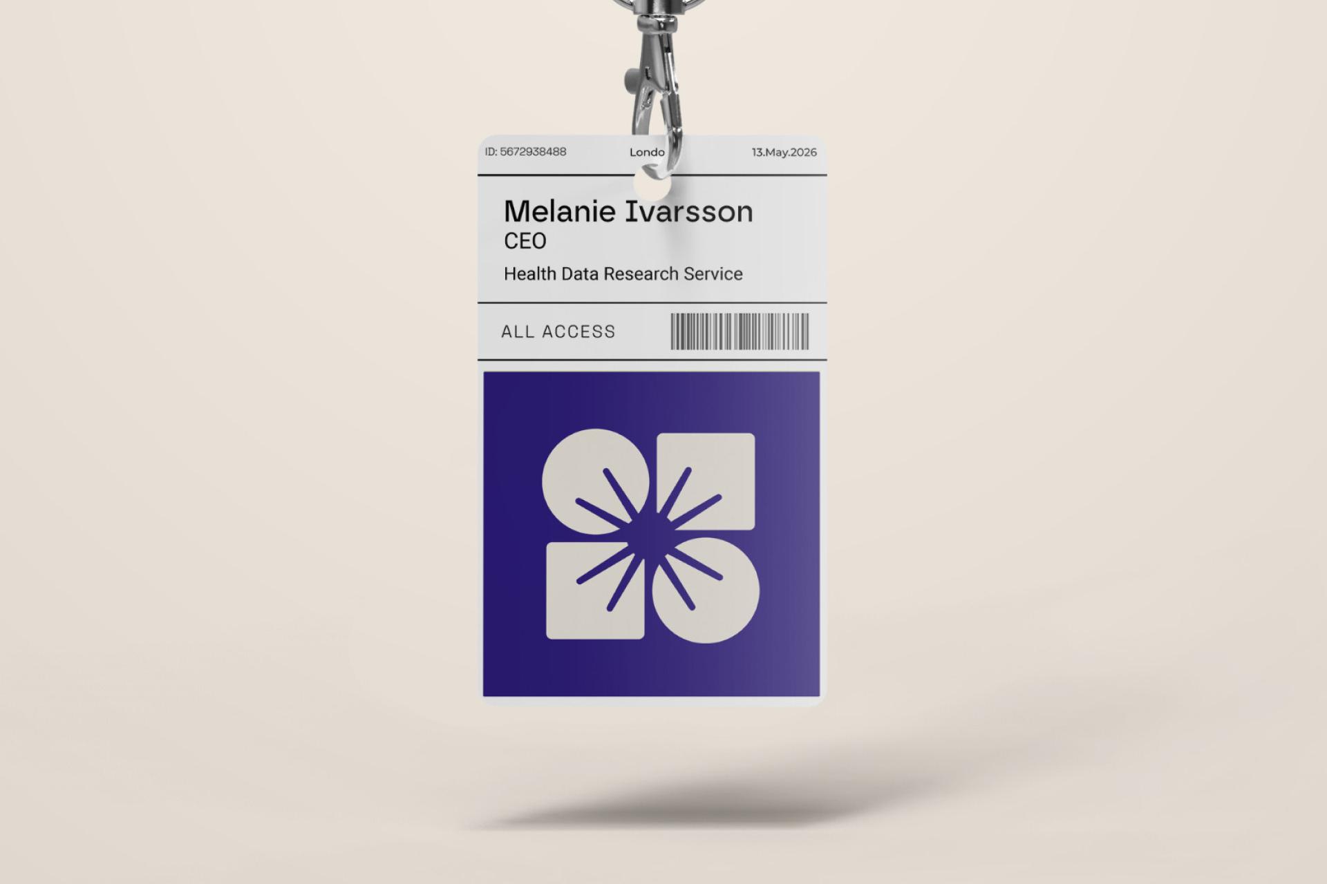Health Data Research Service lanyard and ID badge carrying the new purple flower-like logo