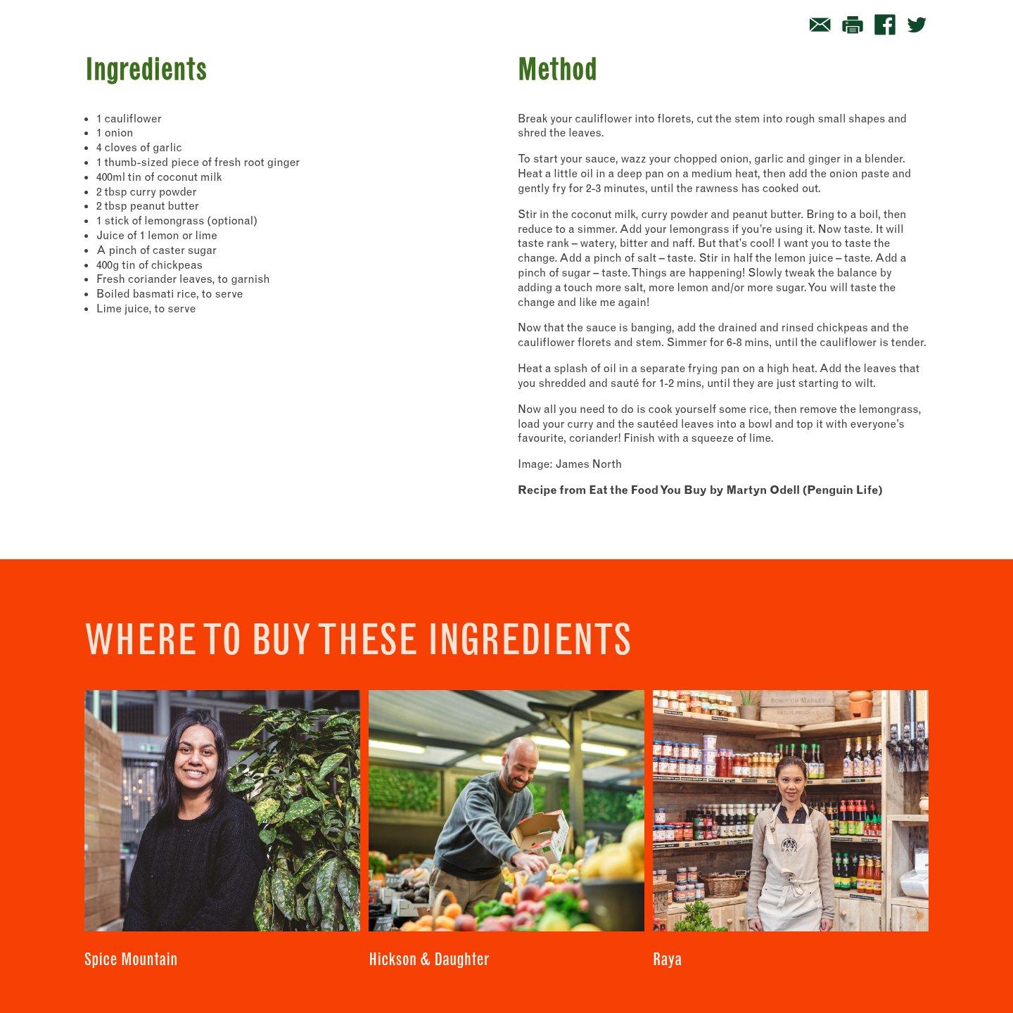 A recipe's ingredients and method, above its "Where to buy these ingredients" panel linking to Spice Mountain, Hickson & Daughter and Raya