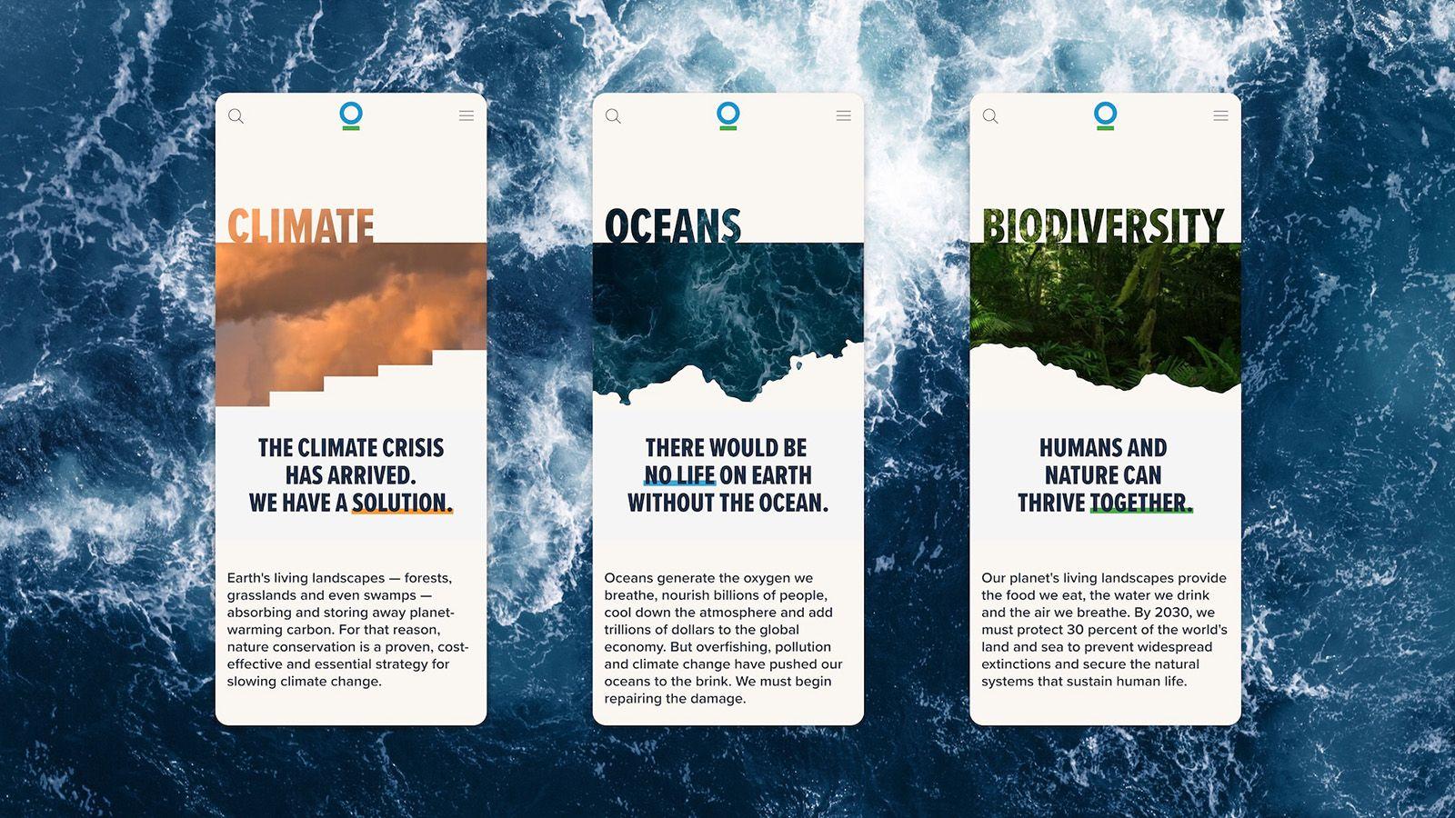 Three phone screens from the Conservation International site, headed 'Climate', 'Oceans' and 'Biodiversity', over rough sea