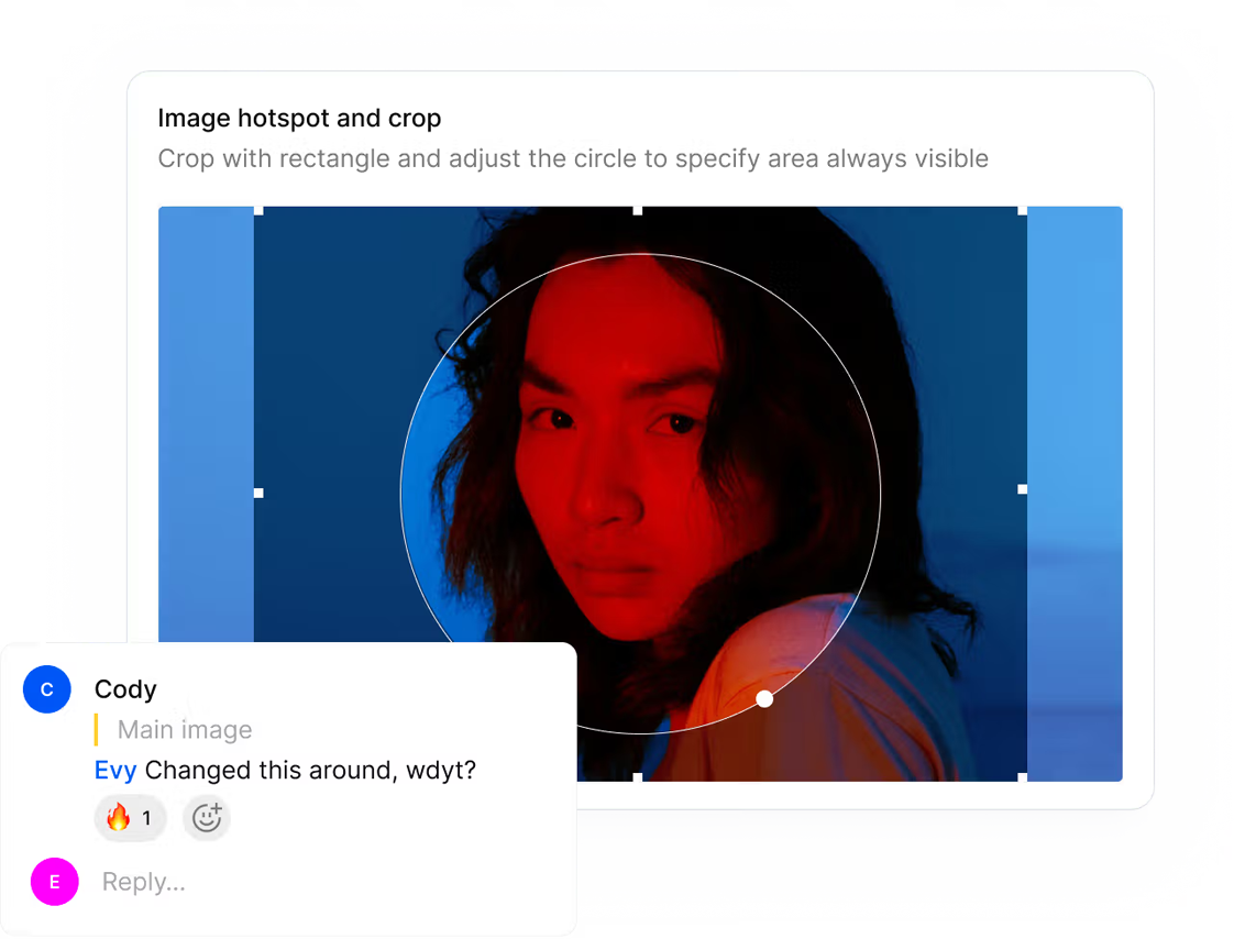 A comment thread on an image crop field in Sanity Studio, with a reaction and a reply box