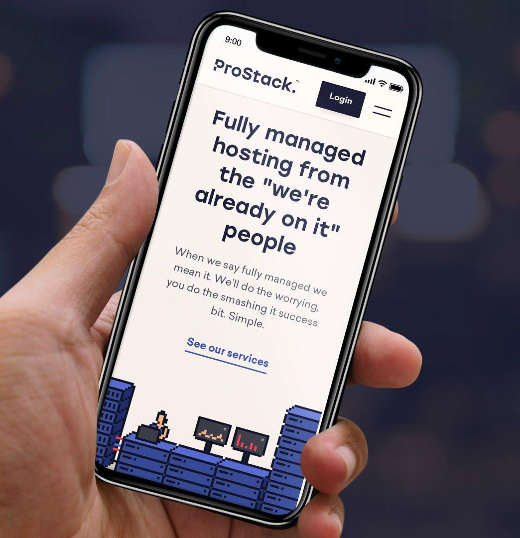 Hand holding a phone showing the Prostack mobile homepage: "Fully managed hosting from the 'we're already on it' people"