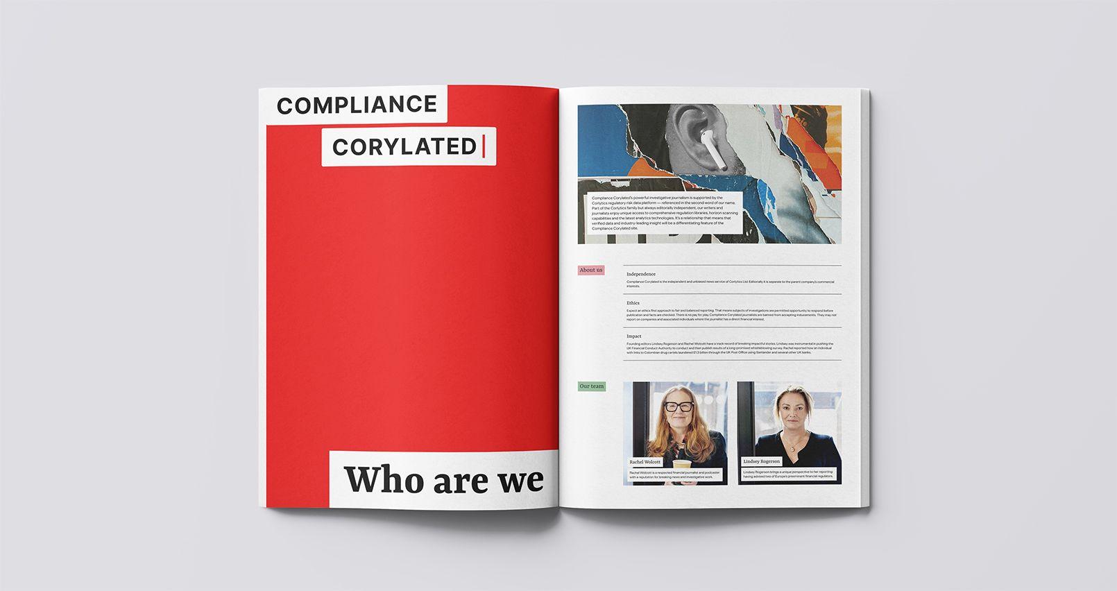 Open Compliance Corylated brochure with a red "Who are we" page facing an about-us spread with team profiles