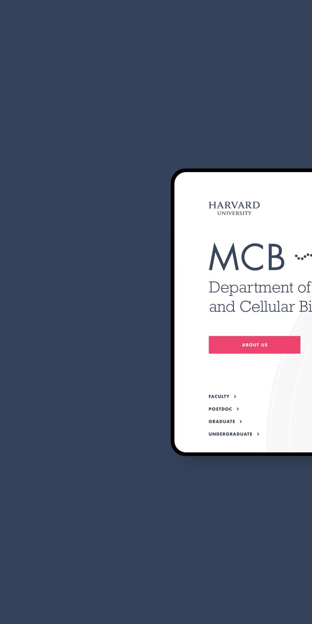 The Harvard MCB website homepage on a tablet, with the MCB wordmark and the department's molecule graphics