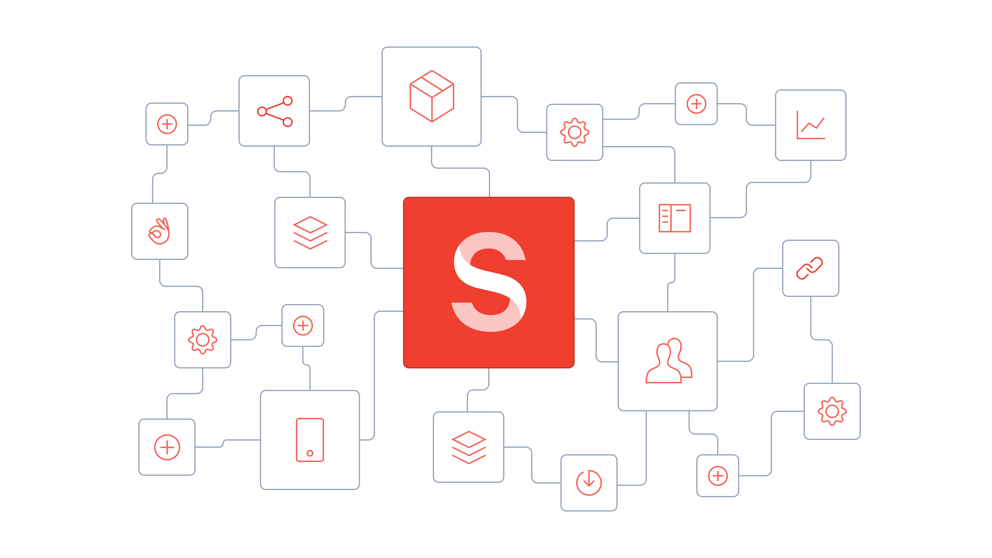 Sanity logo at the centre of a network of linked icons for devices, users, analytics, settings and content