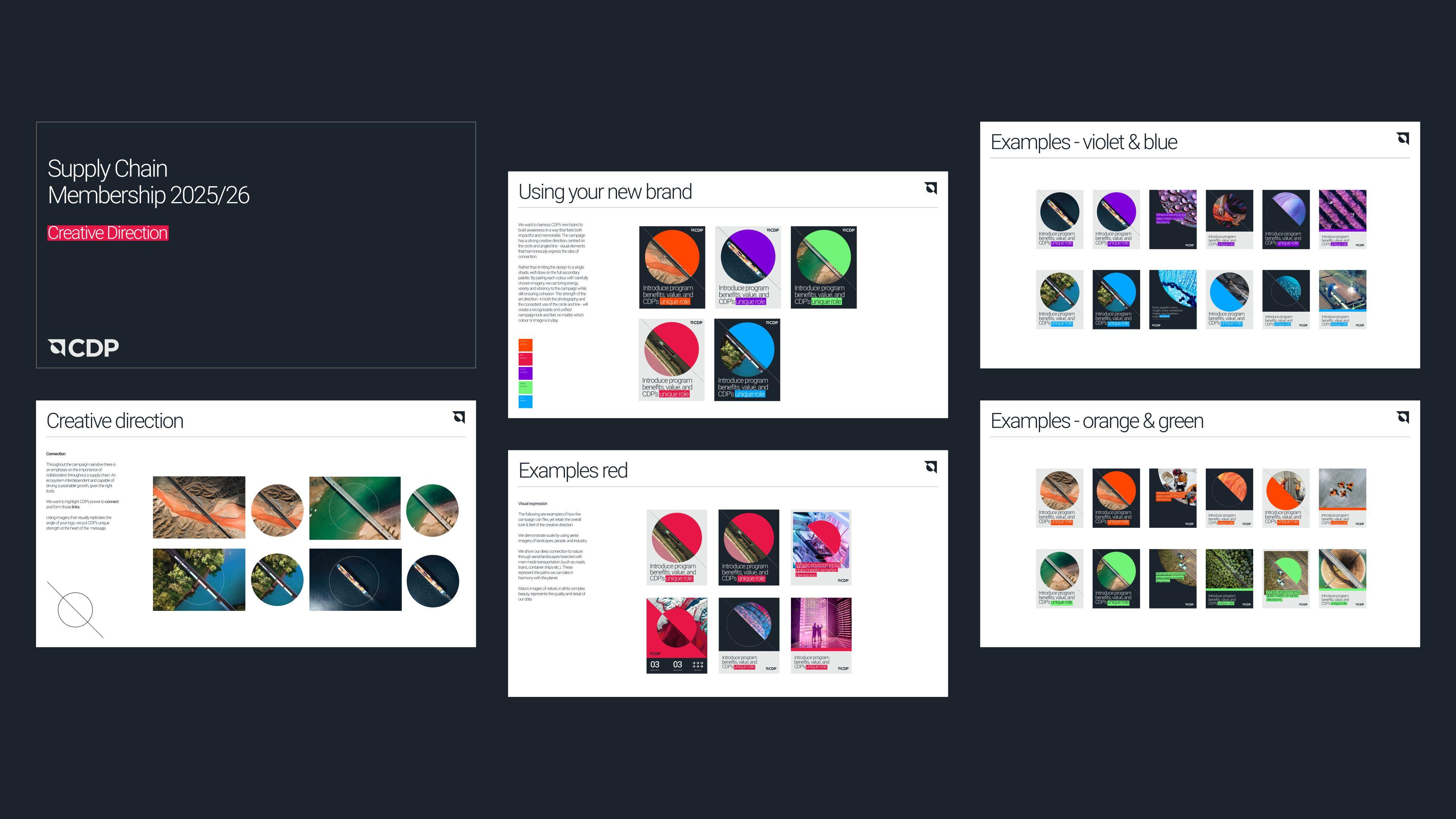 CDP Supply Chain Membership 2025/26 creative direction slides, with example posts in red, violet, blue, orange and green