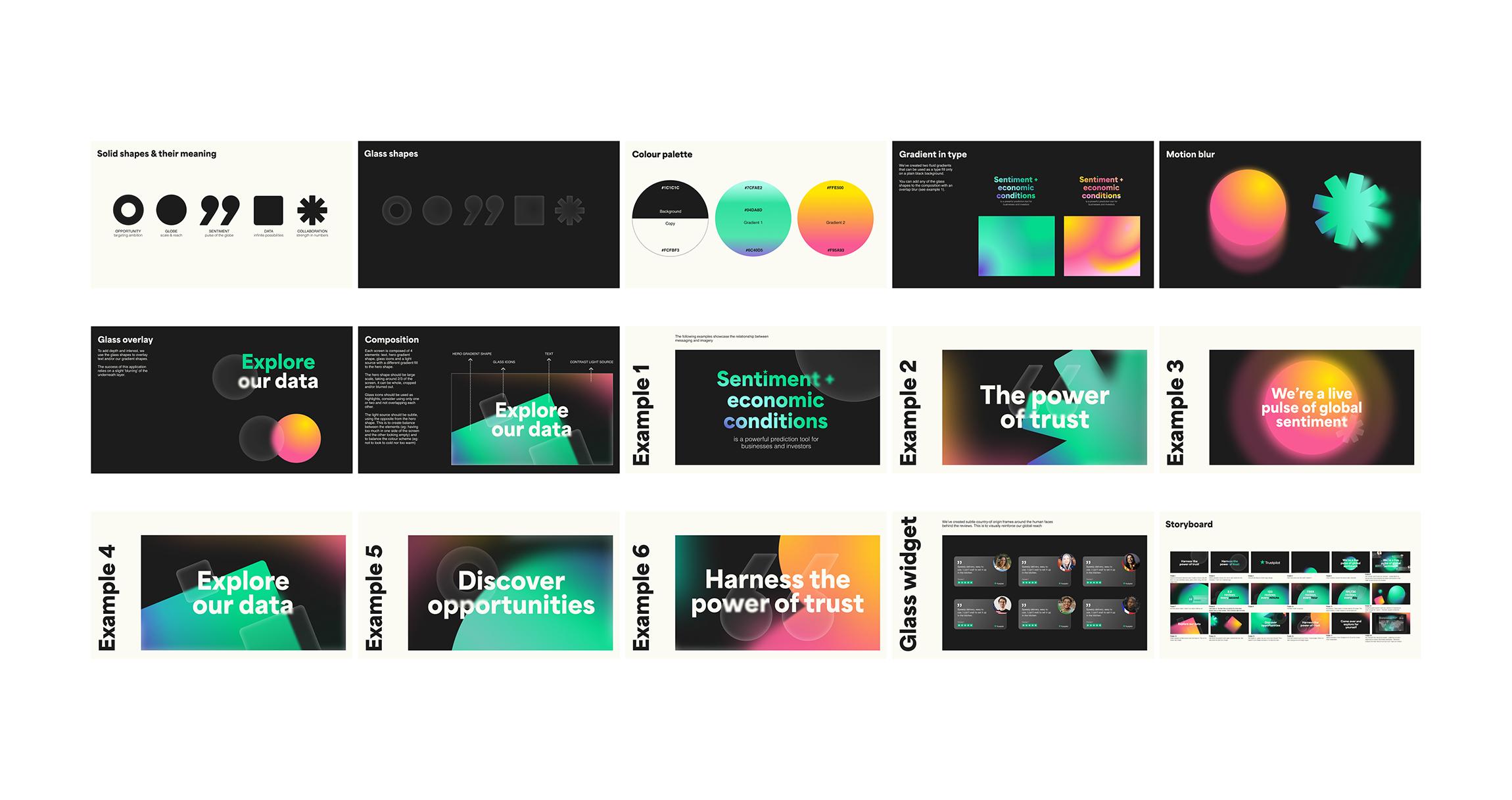 Trustpilot Human x AI visual system boards: glass shapes, colour palette, gradient type, six example screens and a storyboard