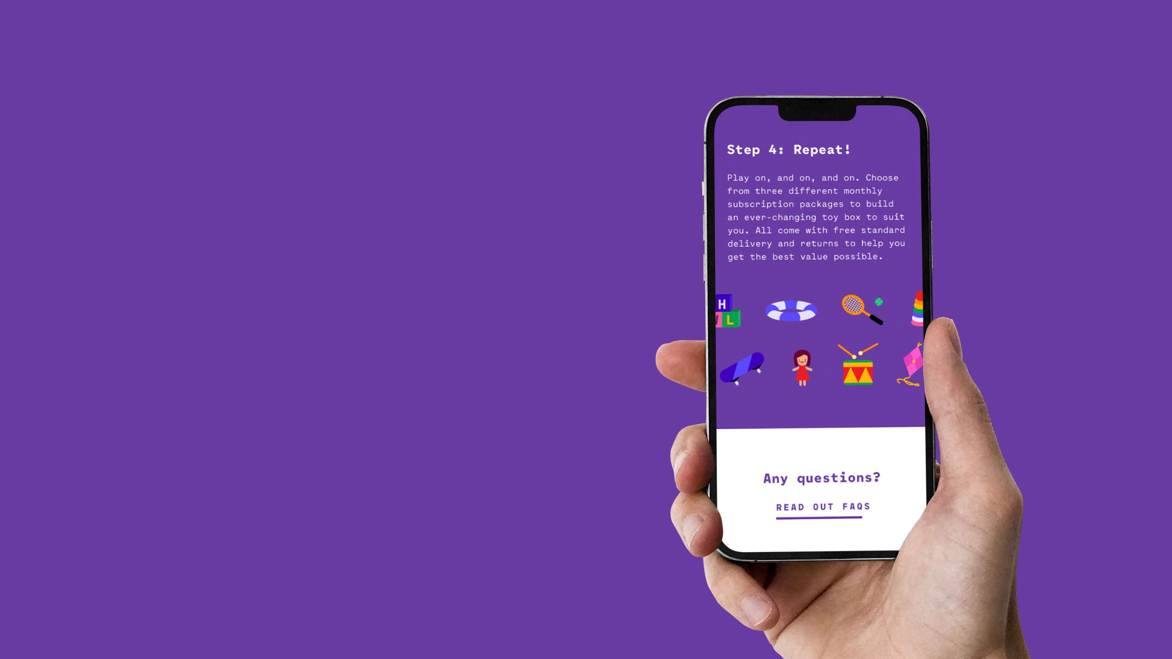Whirli site on a phone held in a hand, showing "Step 4: Repeat!" above illustrated toys