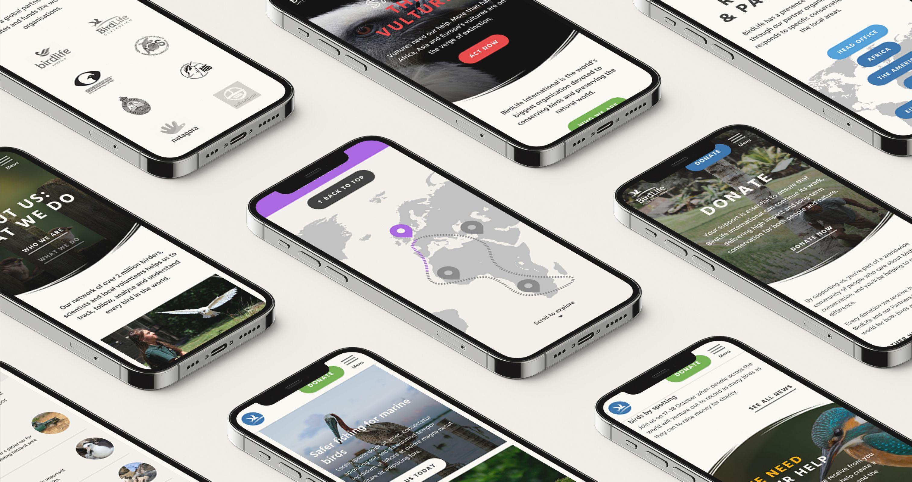 Rows of phones showing BirdLife International mobile pages, including a migration map, a donate page and a vulture appeal