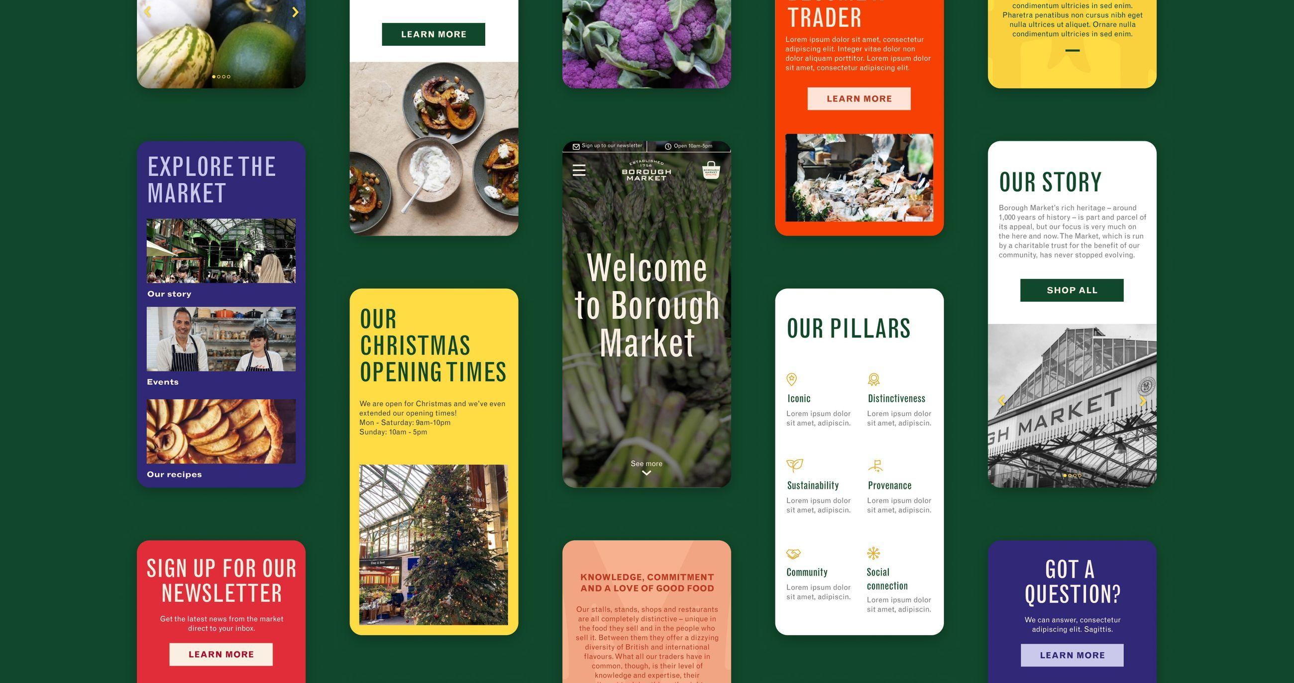 Grid of Borough Market mobile screens, including "Welcome to Borough Market", Christmas opening times and "Our pillars"