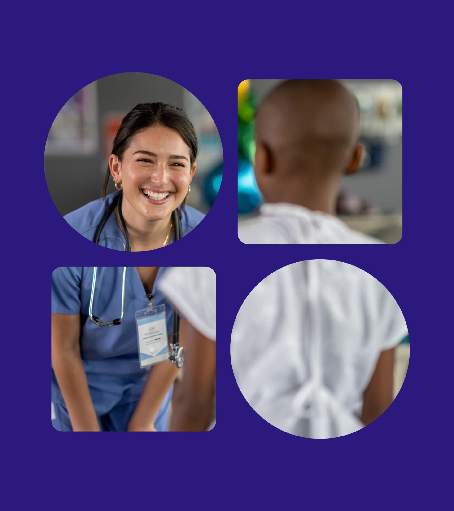 Photos cropped into the brand's circle and square shapes, showing a smiling clinician in scrubs talking with a patient