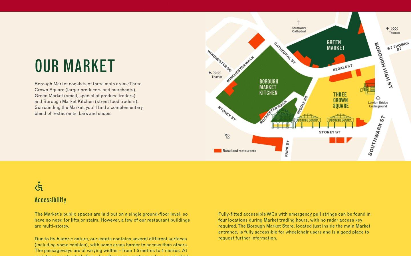 The market map of Green Market, Borough Market Kitchen and Three Crown Square, above the visit page's accessibility notes