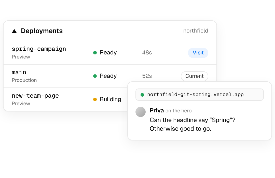 A list of Vercel deployments with a preview link and a review comment on it.