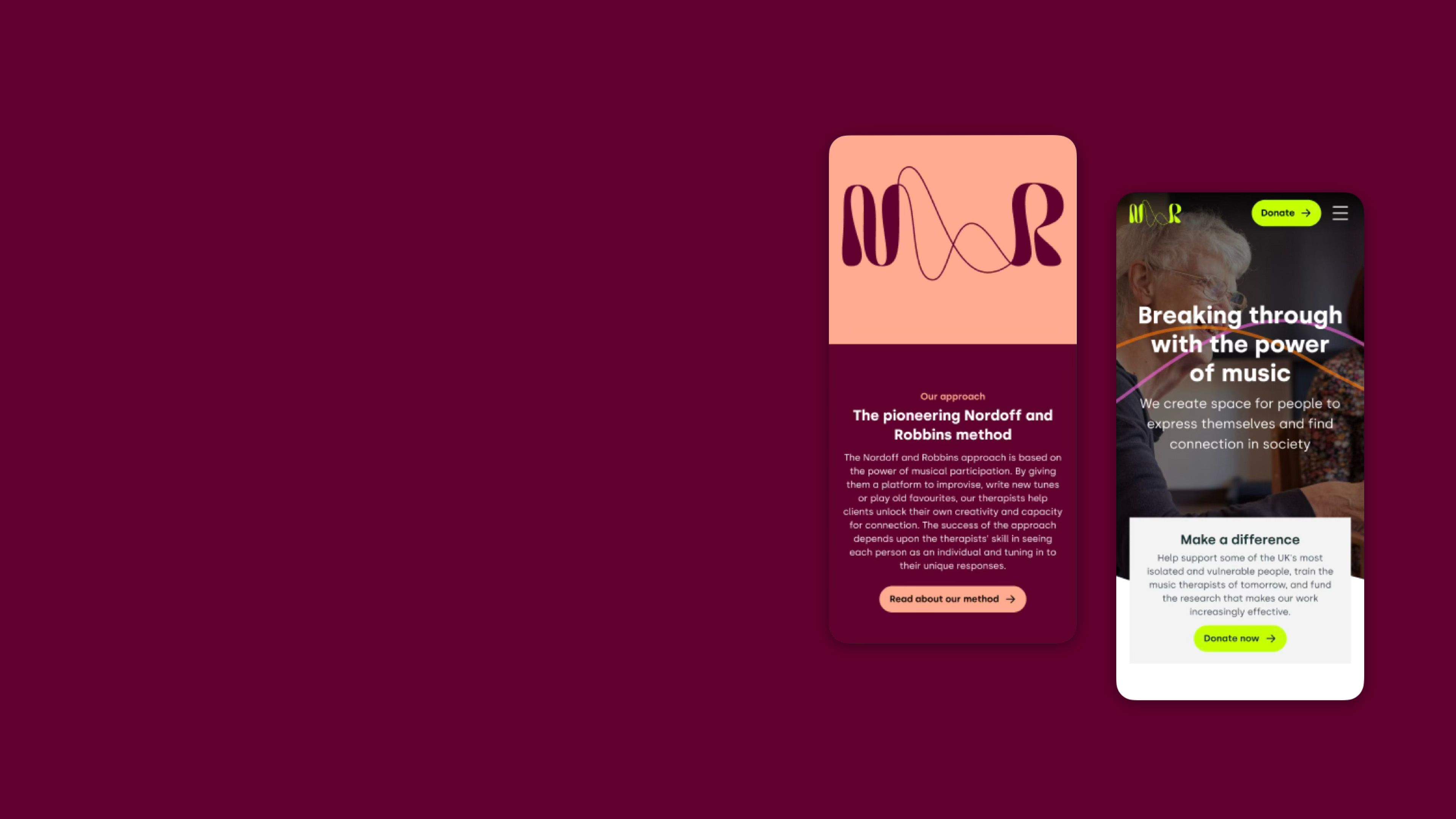 Nordoff and Robbins on two phones: the method page with the NR logo, and the homepage "Breaking through with the power of music"