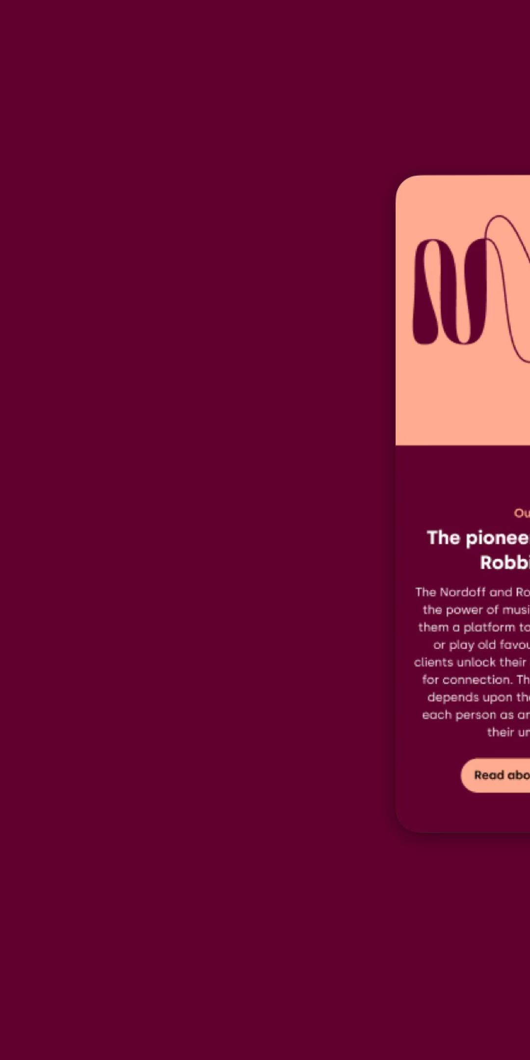Nordoff and Robbins on two phones: the method page with the NR logo, and the homepage "Breaking through with the power of music"