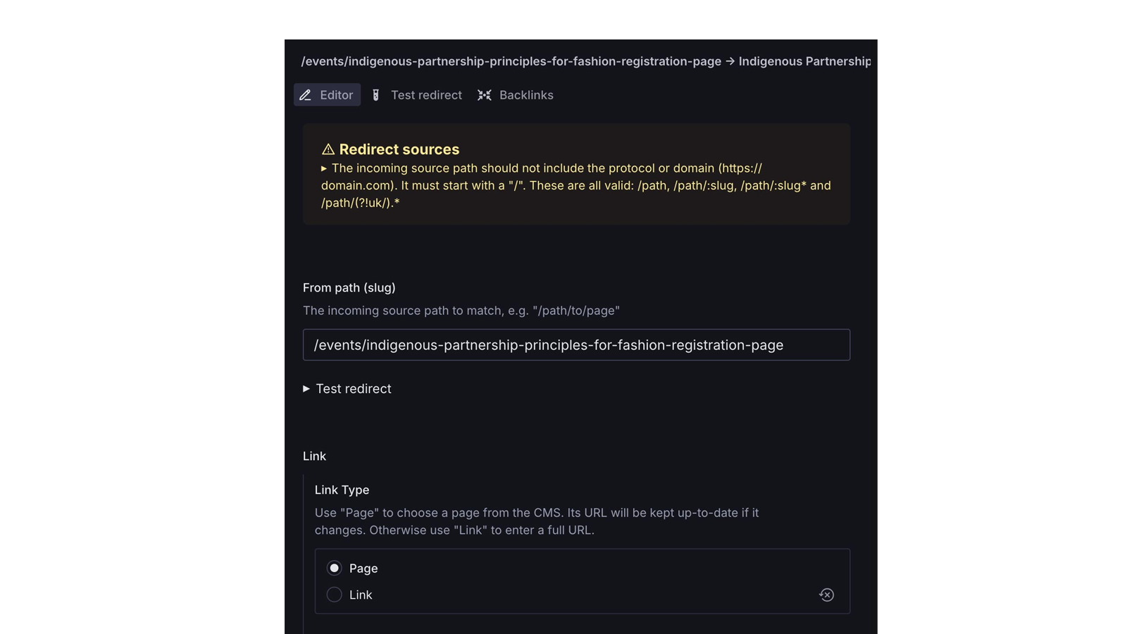 Redirect editor in Sanity Studio showing a "Redirect sources" warning above the from-path field