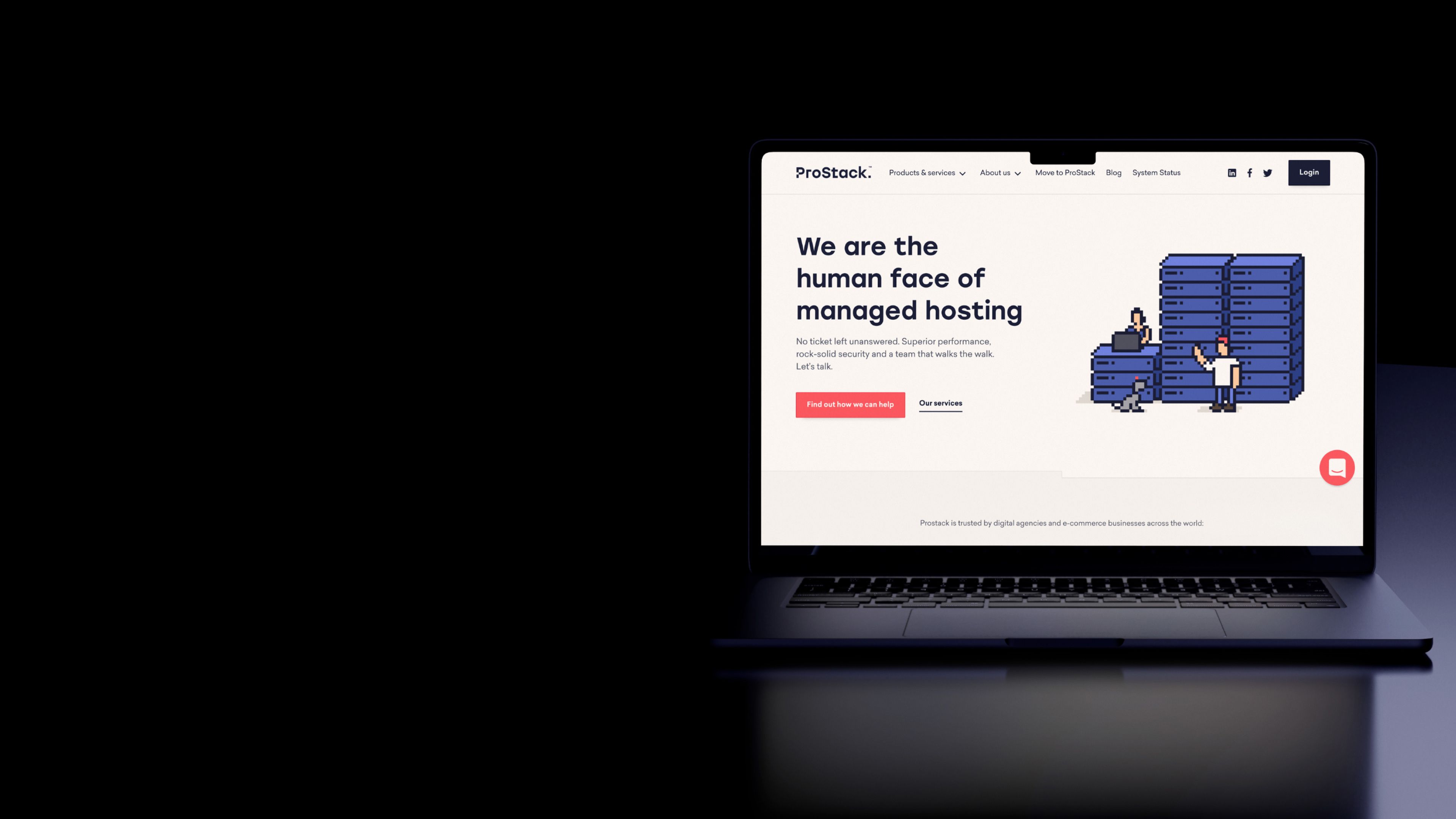 Prostack homepage on a laptop, with pixel-art servers beside the headline "We are the human face of managed hosting"