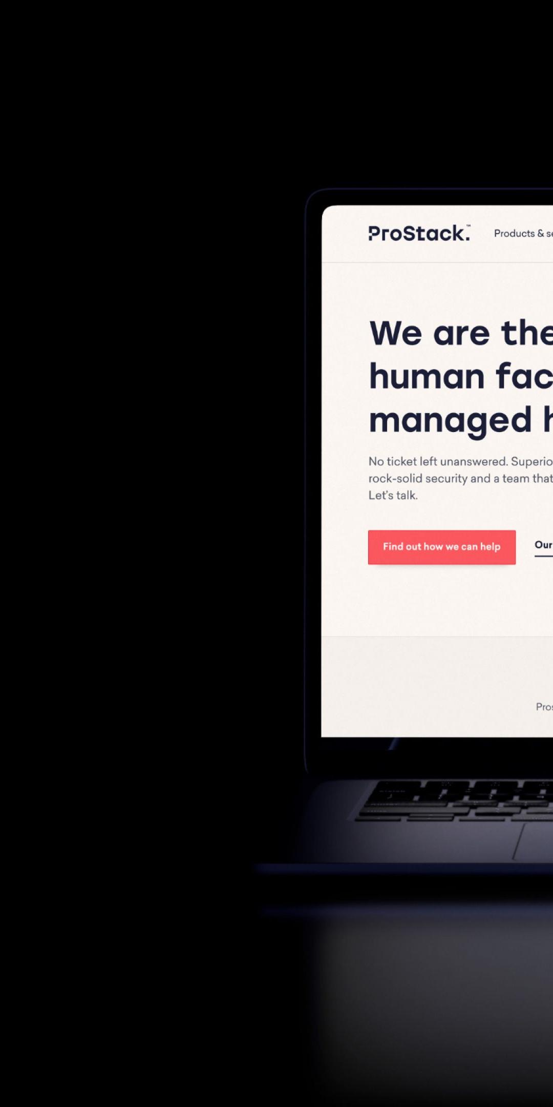 Prostack homepage on a laptop, with pixel-art servers beside the headline "We are the human face of managed hosting"