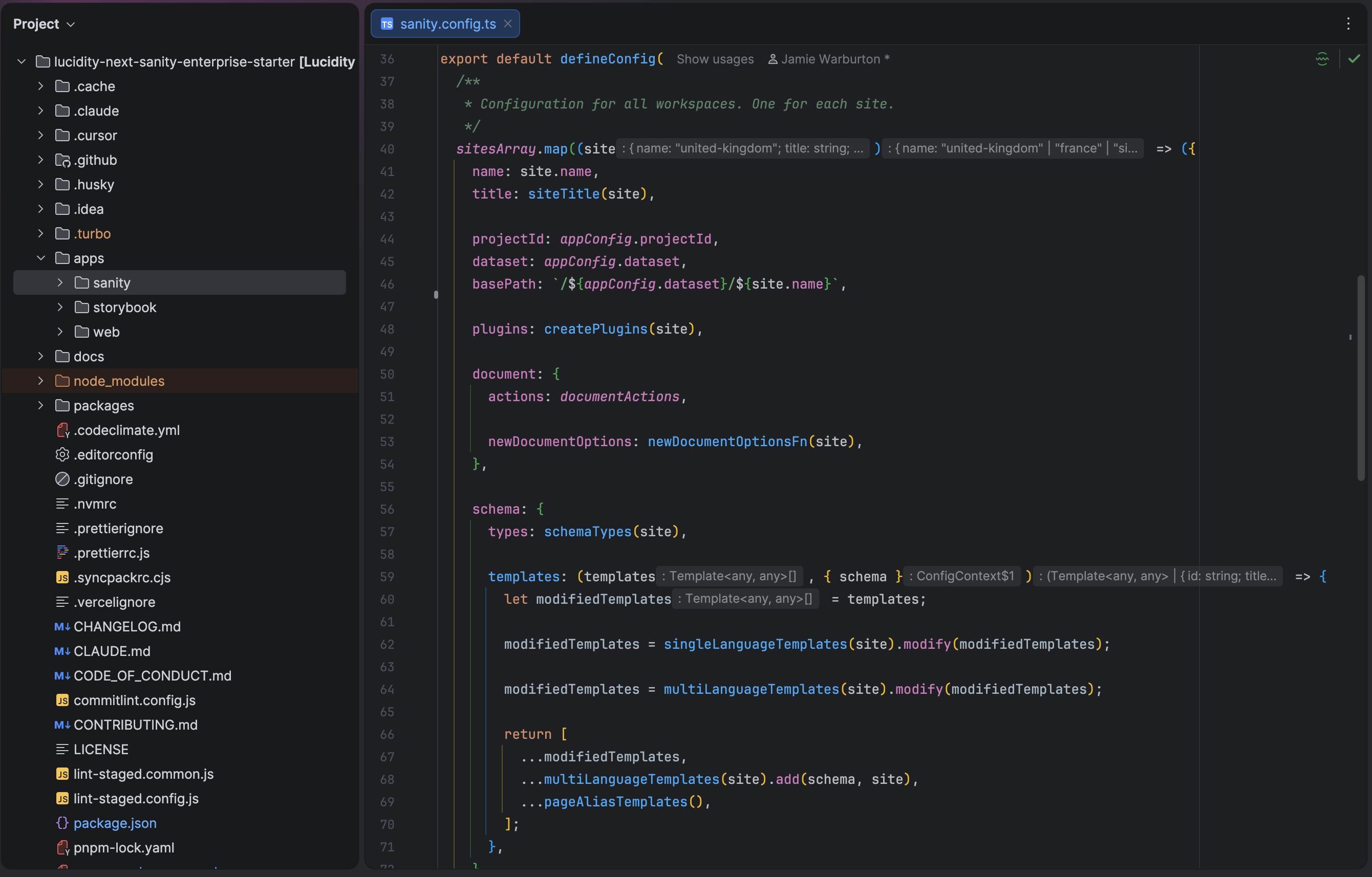 The Lucidity.js monorepo open in a code editor, showing the multisite Sanity config