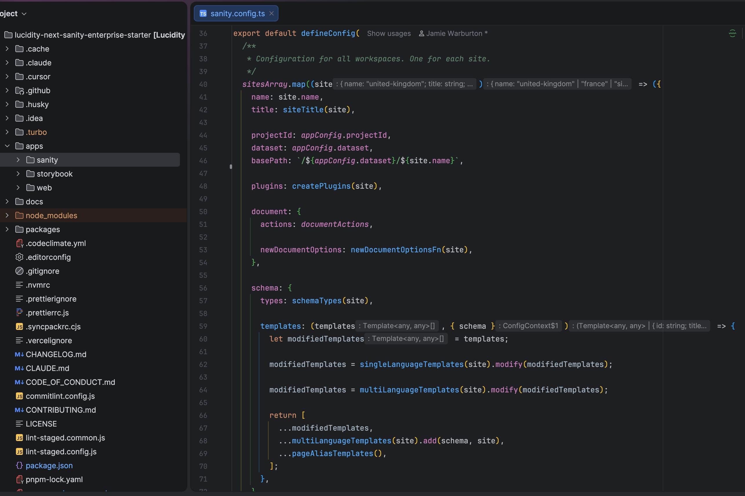 The Lucidity.js monorepo open in a code editor, showing the multisite Sanity config
