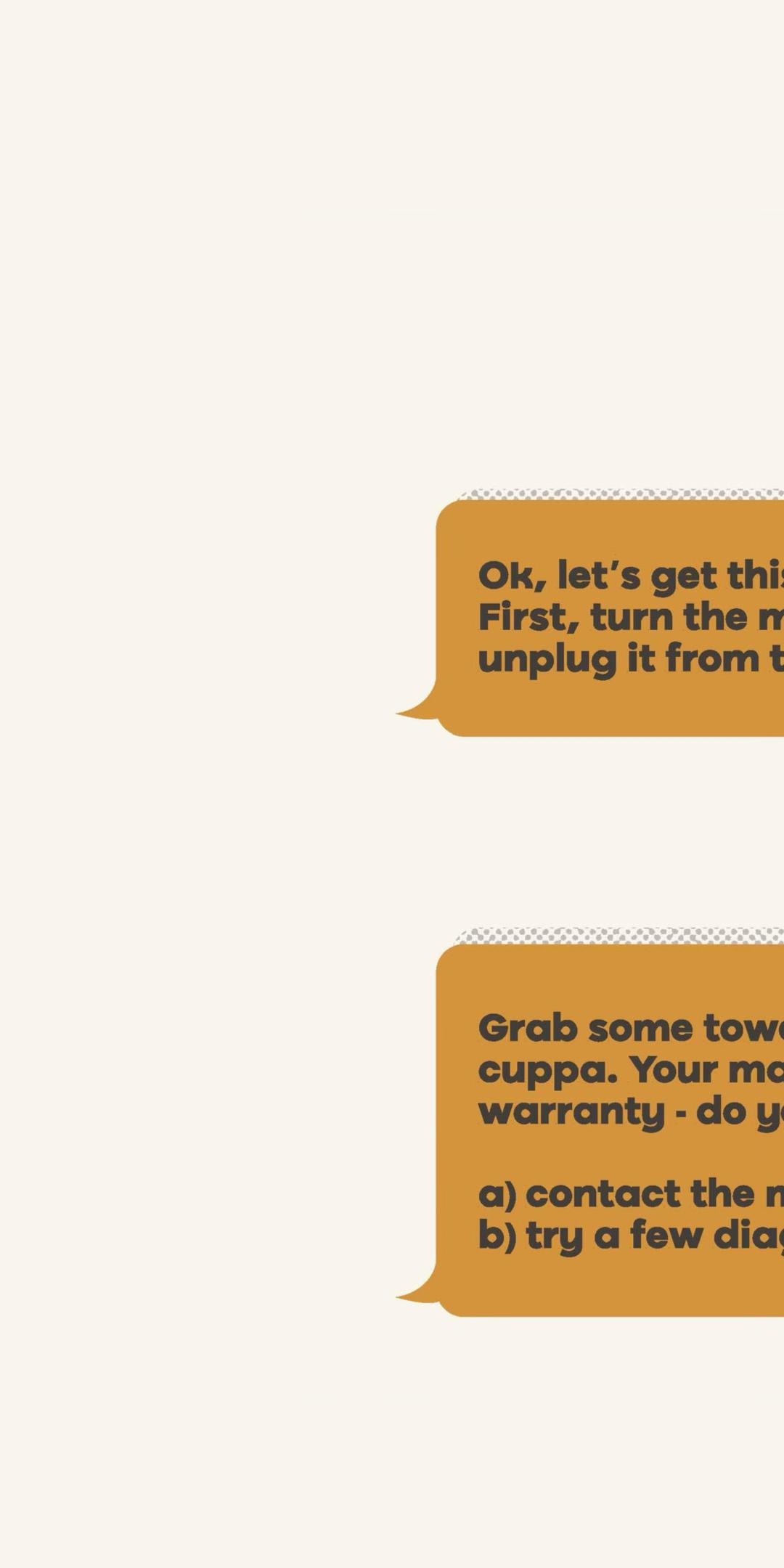 Chat bubbles in which Alfie talks someone through a washing machine that has flooded their kitchen
