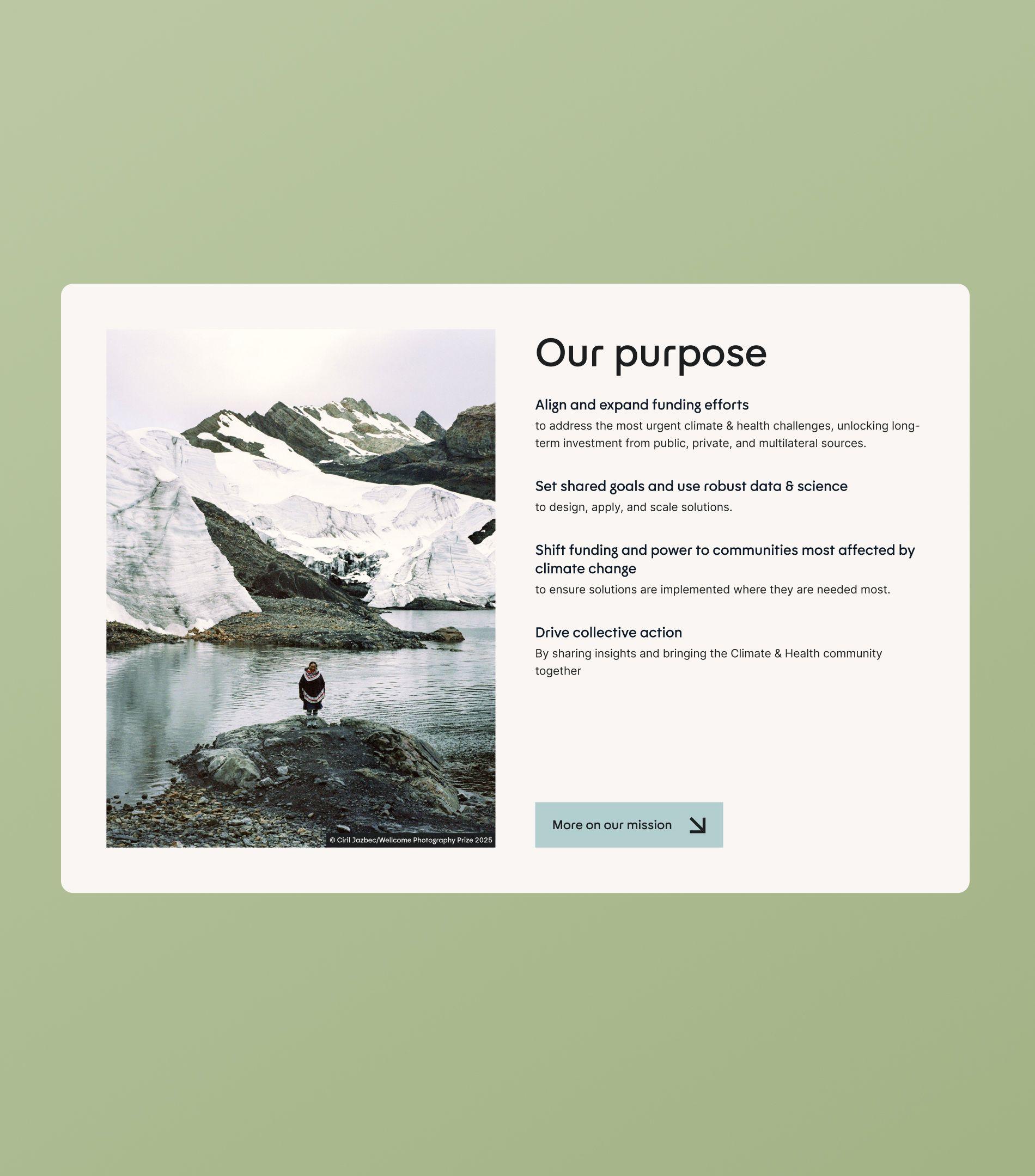 "Our purpose" section of the Coalition website, with a photo of a person standing by a glacier lake