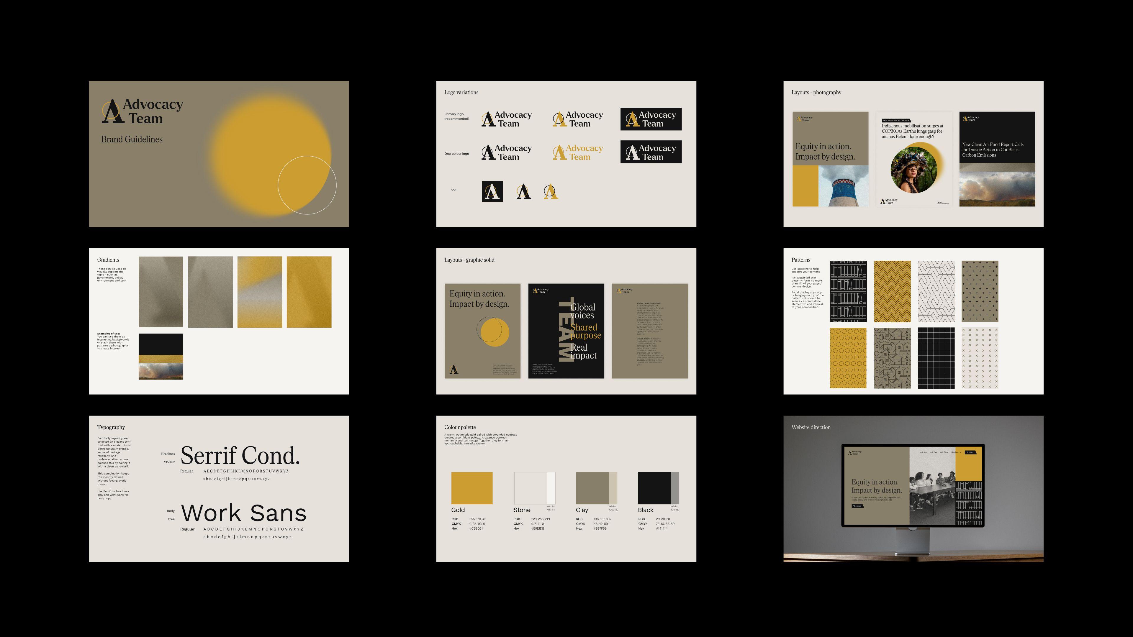 The Advocacy Team brand guidelines across nine slides: logo variations, layouts, gradients, patterns, typography and colour palette
