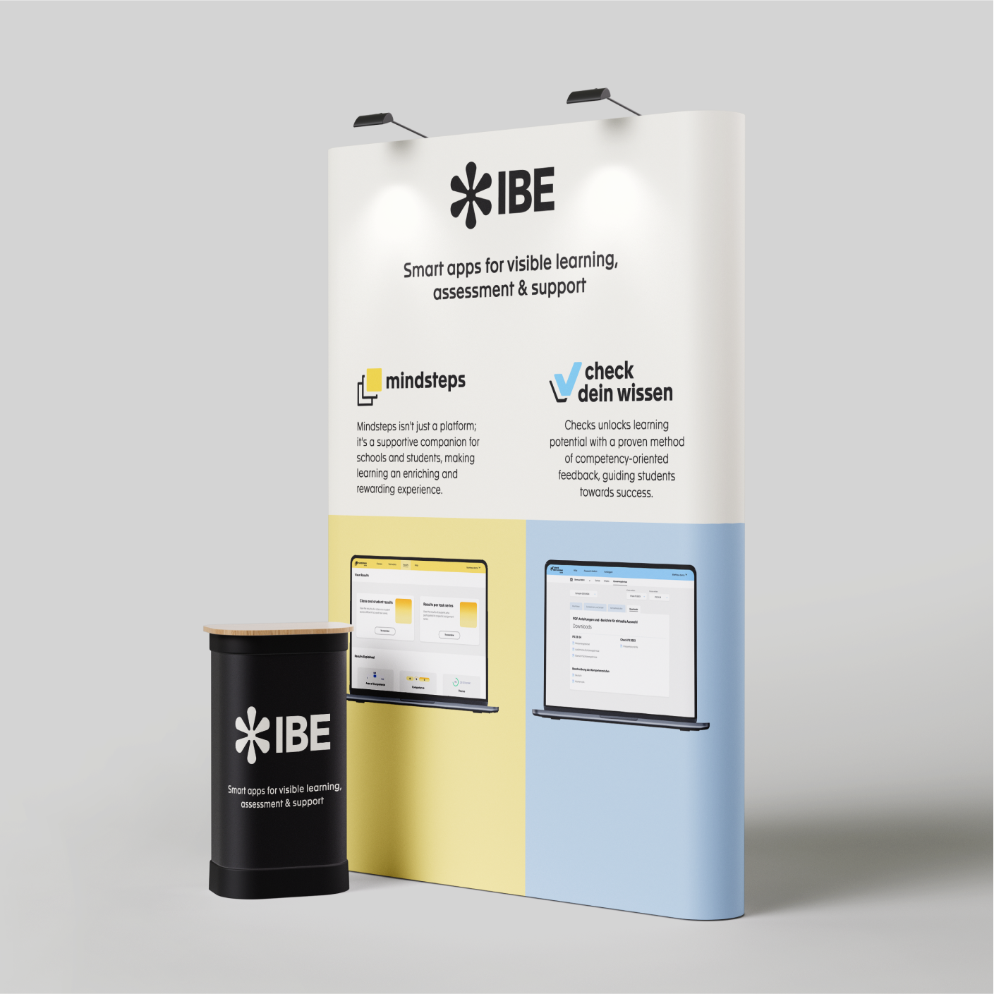 IBE exhibition stand promoting its mindsteps and check dein wissen learning apps, with a branded counter