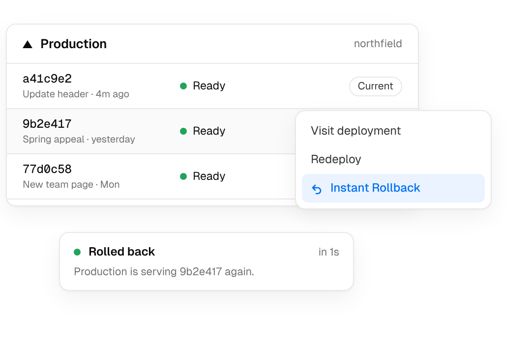 Production deployments with Instant Rollback chosen on the previous release.